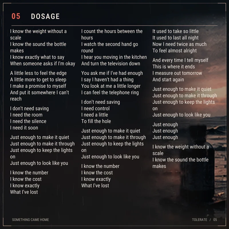Lyric sheet for track 5, Dosage.