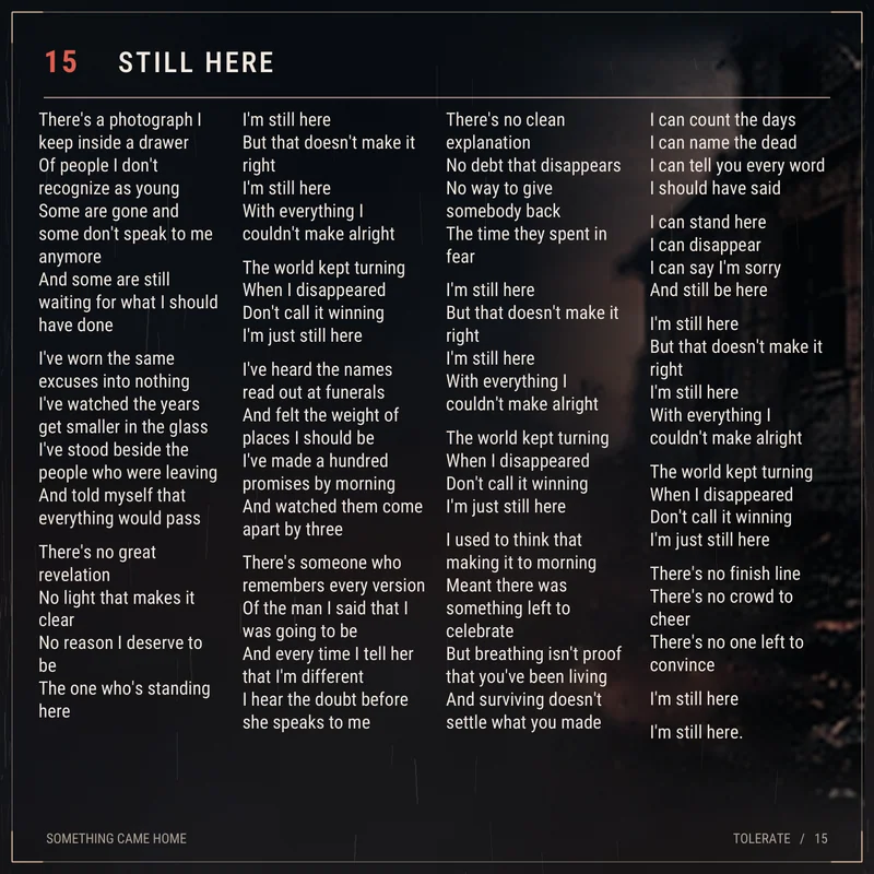 Lyric sheet for track 15, I'm Still Here.