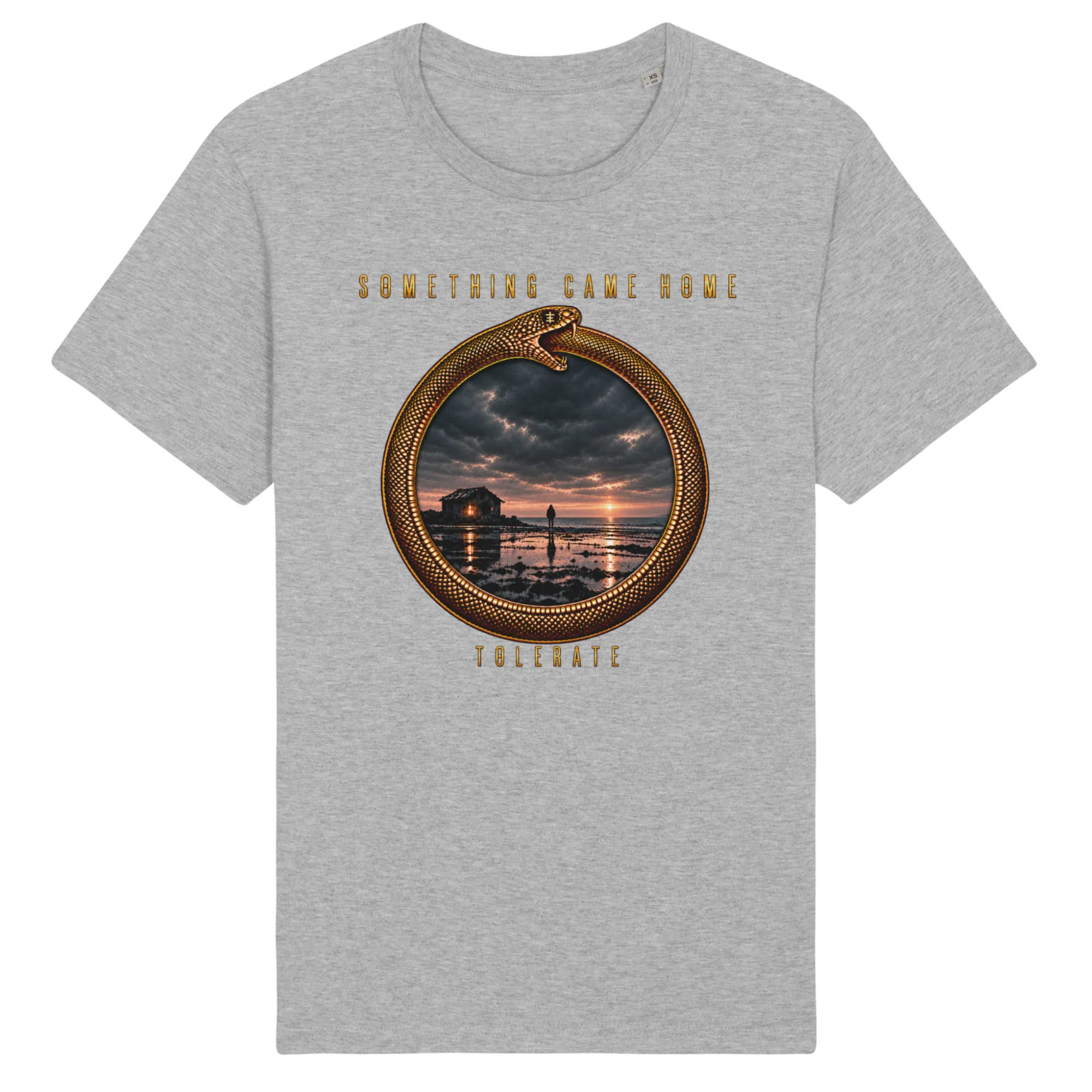 Color tee in Heather Grey, front view: gold ouroboros ring framing a stormy sunset over a tidal flat, with the band name above and TOLERATE below.