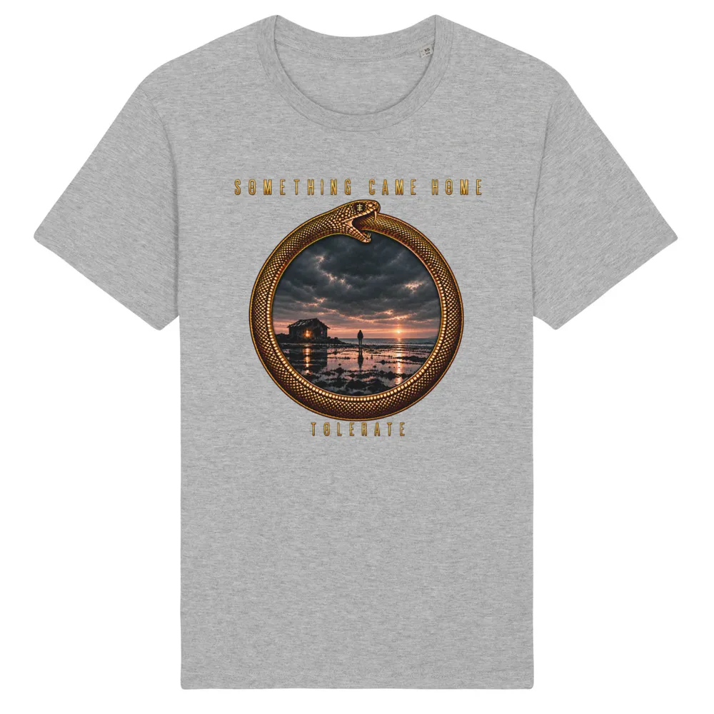 Color tee in Heather Grey, front view: gold ouroboros ring framing a stormy sunset over a tidal flat, with the band name above and TOLERATE below.