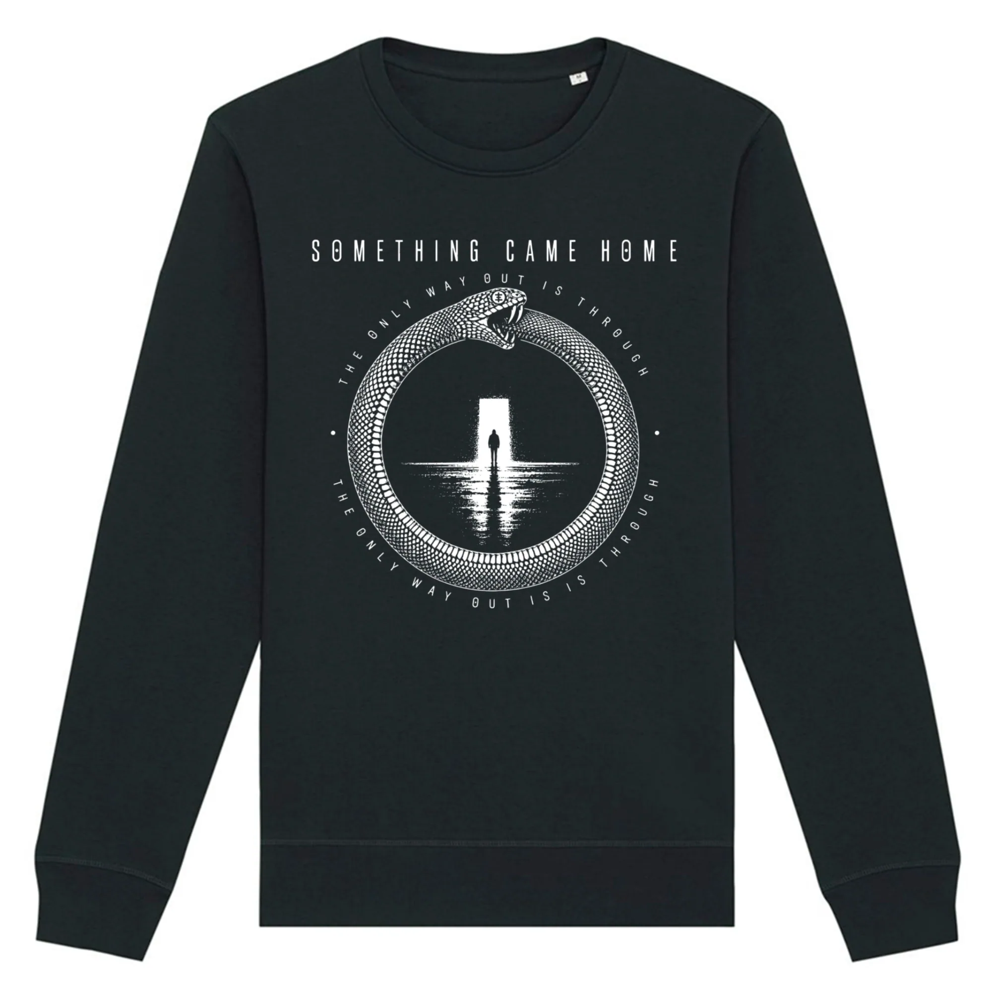 Crewneck sweatshirt in Black, front view: white ouroboros snake around a lone figure at a doorway, with the band name above.