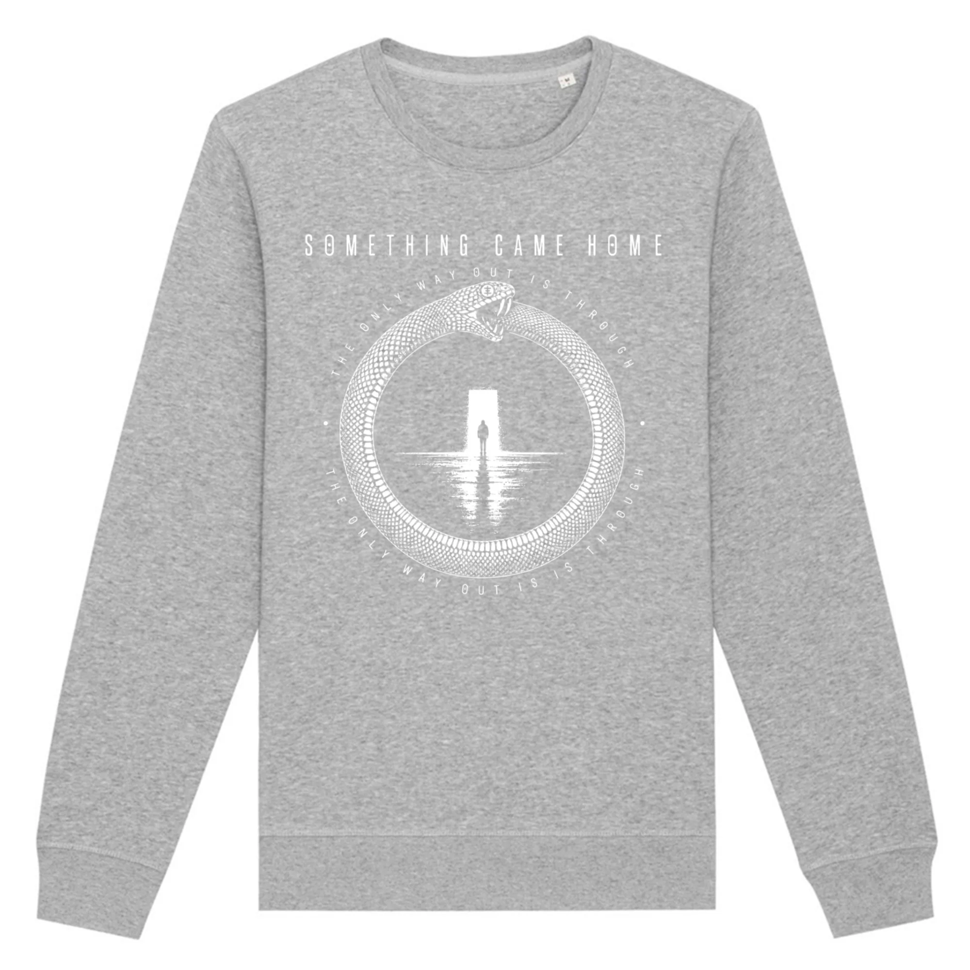 Crewneck sweatshirt in Heather Grey, front view: white ouroboros snake around a lone figure at a doorway, with the band name above.