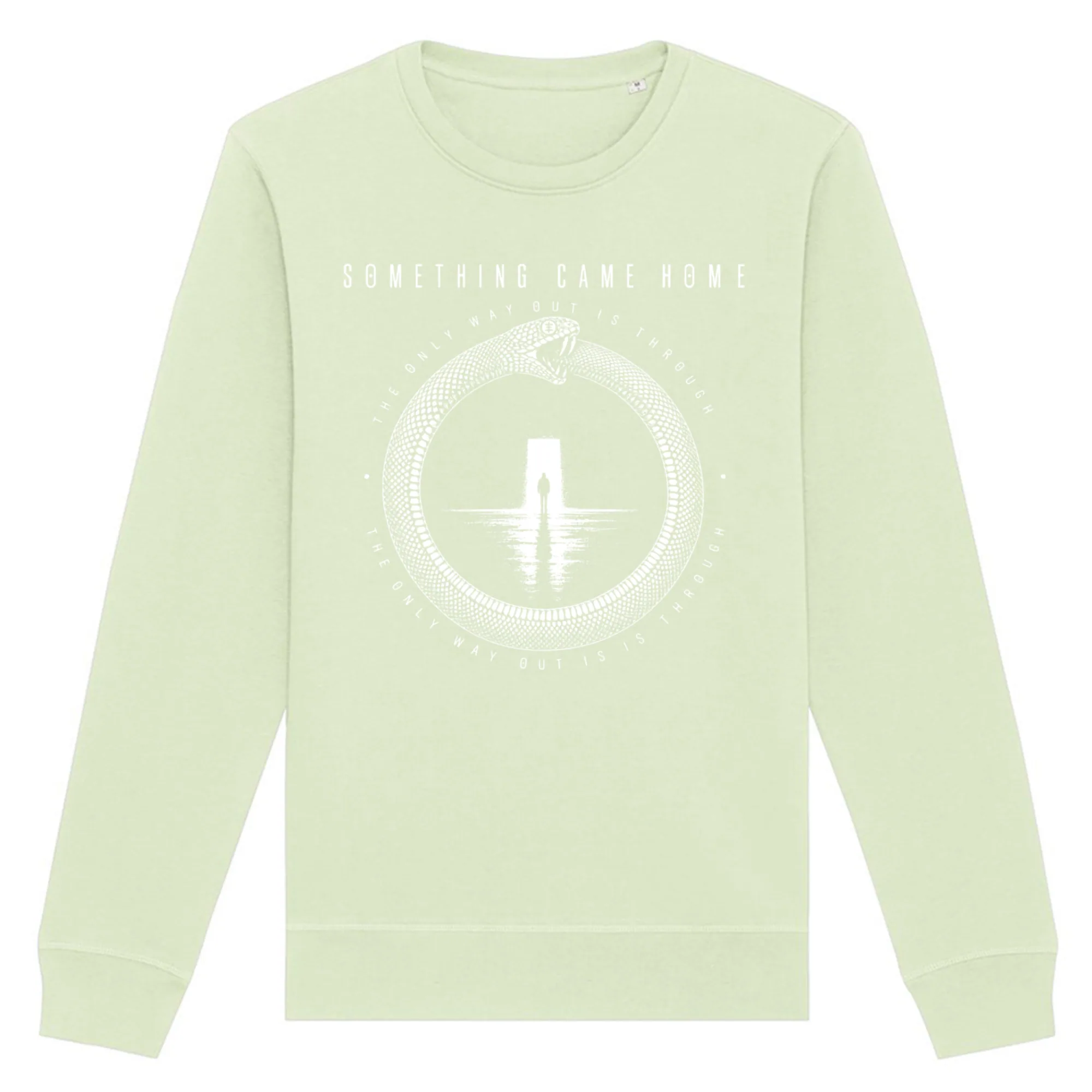 Crewneck sweatshirt in Stem Green, front view: white ouroboros snake around a lone figure at a doorway, with the band name above.