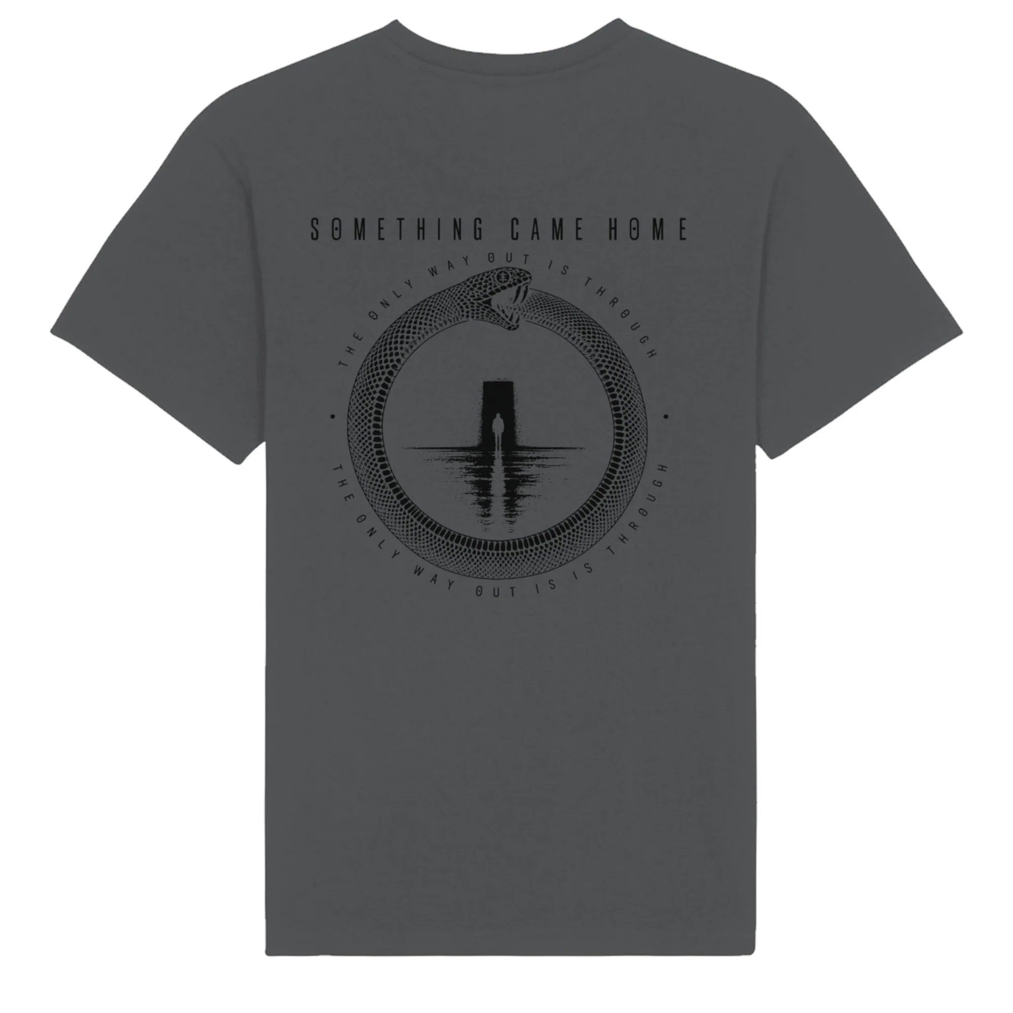 Double-sided tee in Anthracite, back view: full black ouroboros design on the back, a snake circling a lone figure at a doorway.