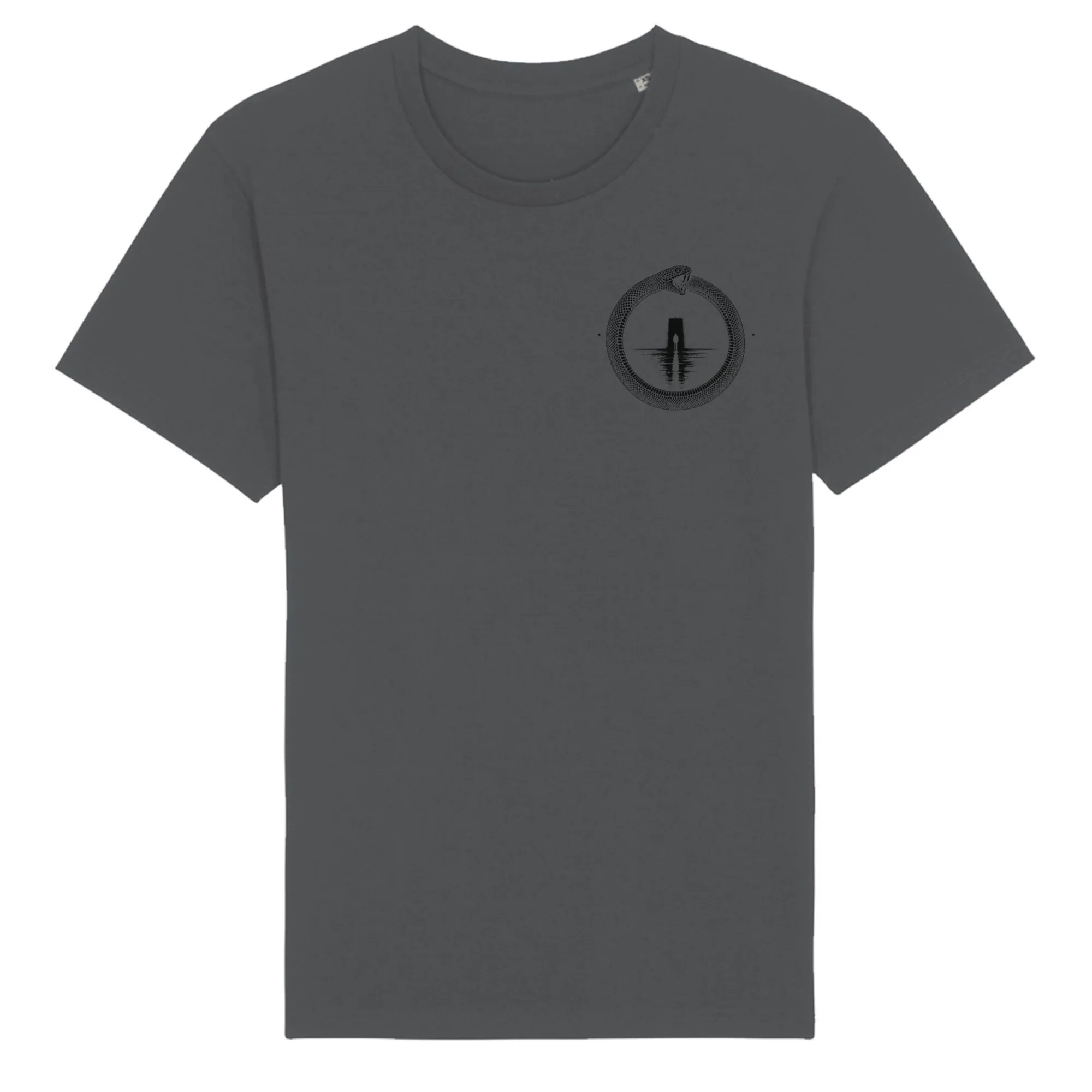 Double-sided tee in Anthracite, front view: small black ouroboros emblem on the front.
