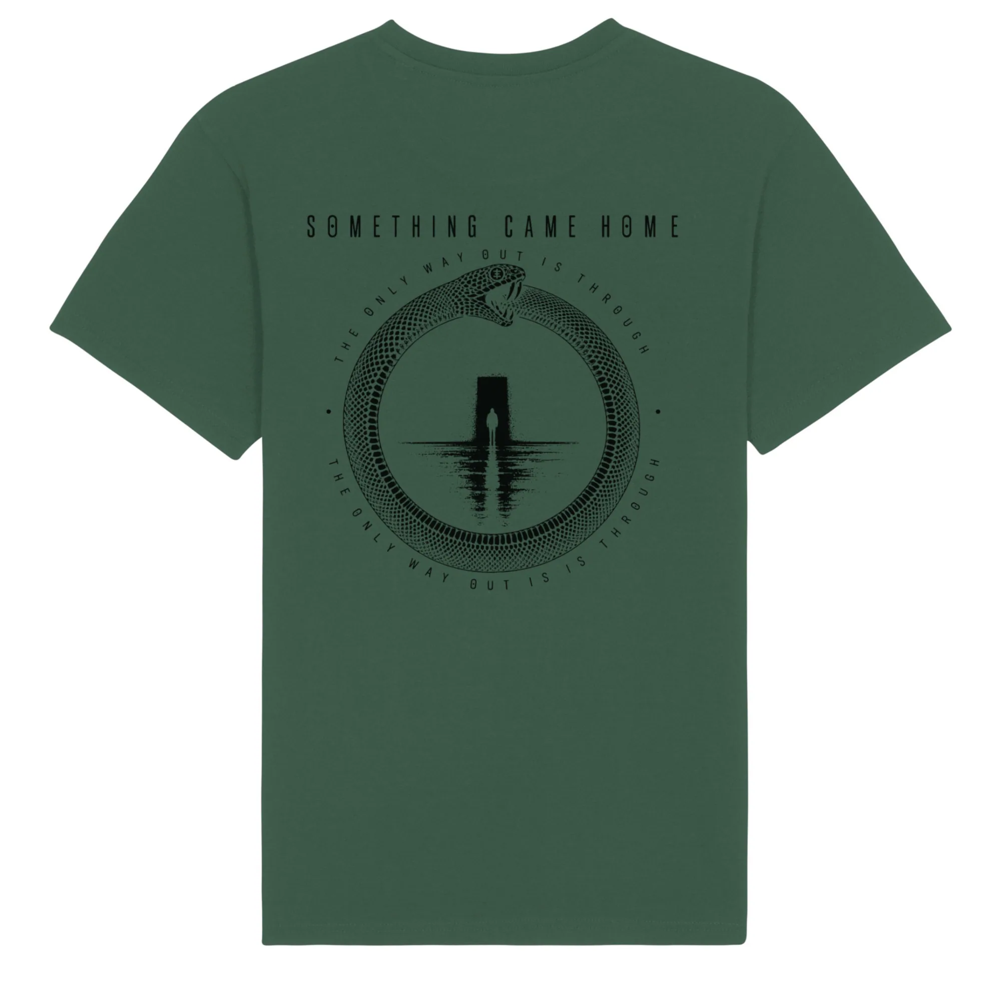 Double-sided tee in Bottle Green, back view: full black ouroboros design on the back, a snake circling a lone figure at a doorway.