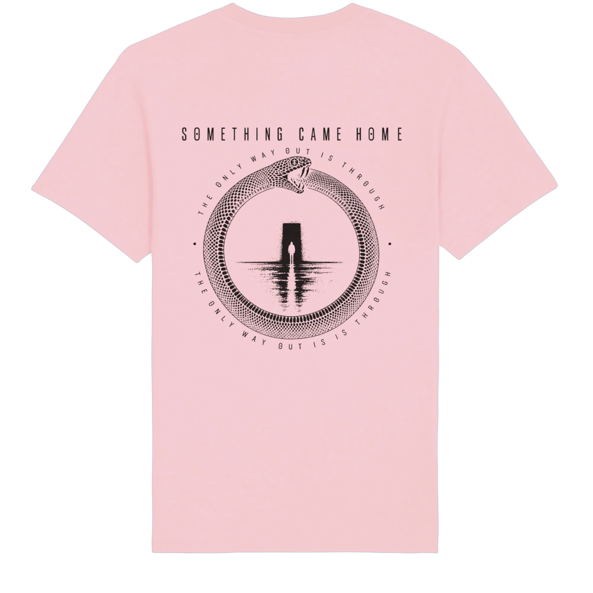Double-sided tee in Cotton Pink, back view: full black ouroboros design on the back, a snake circling a lone figure at a doorway.