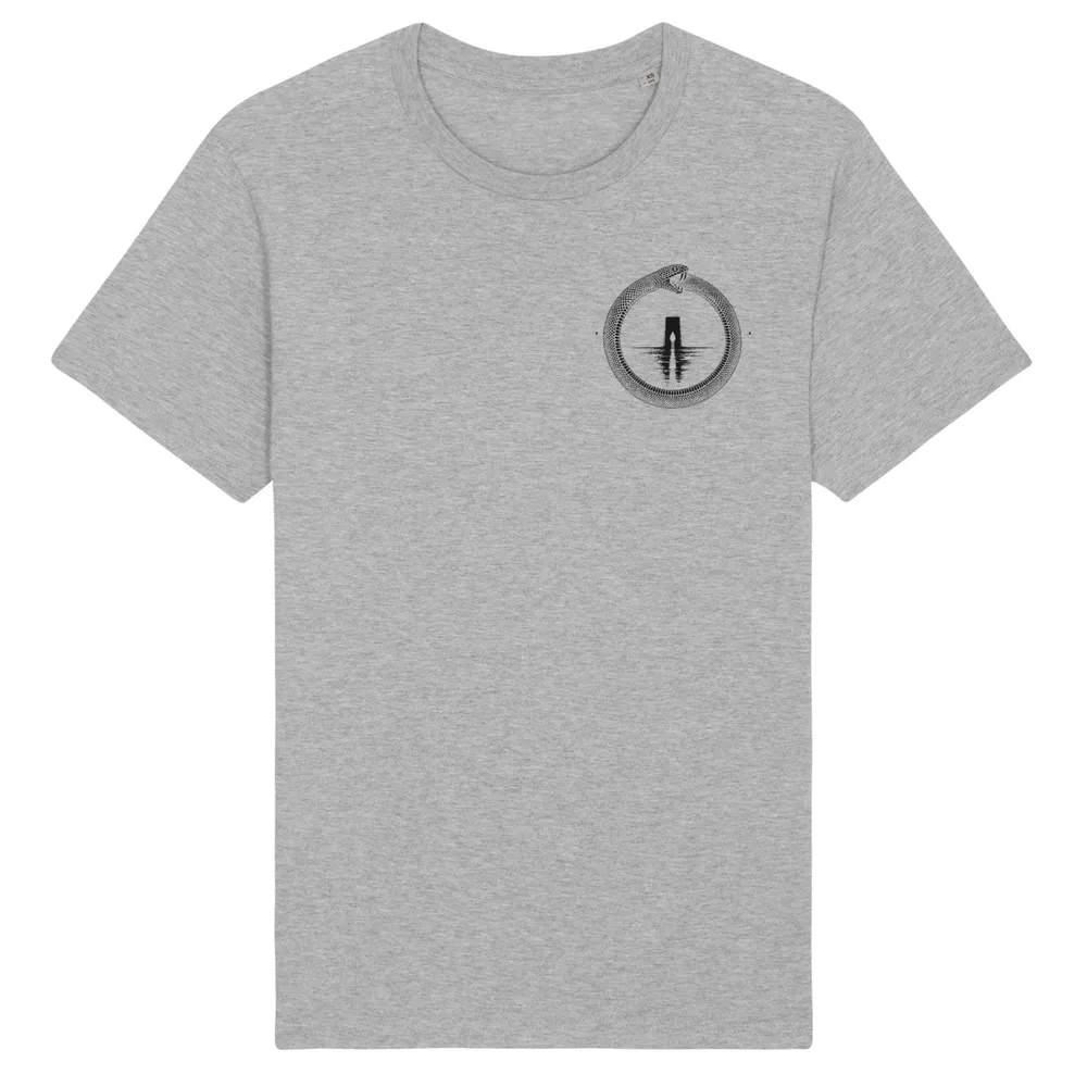 Double-sided tee in Heather Grey, front view: small black ouroboros emblem on the front.