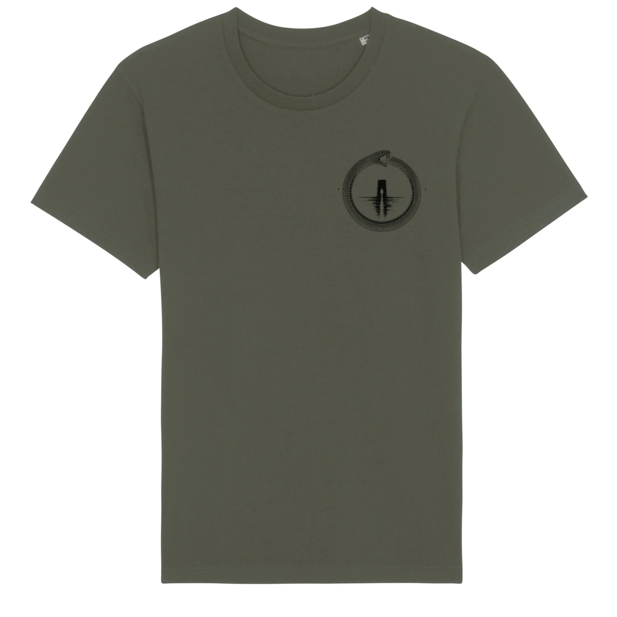 Double-sided tee in Khaki, front view: small black ouroboros emblem on the front.