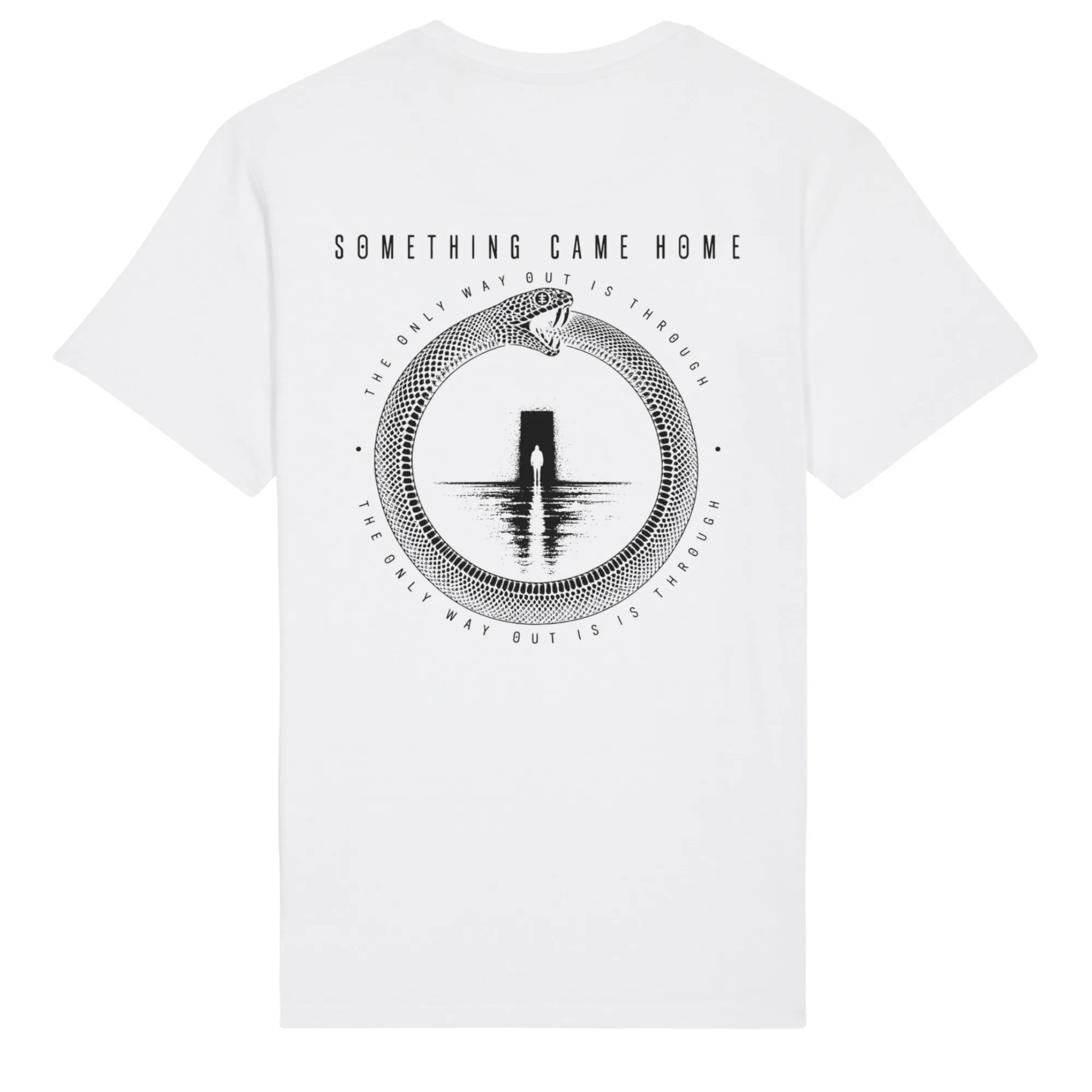 Double-sided tee in White, back view: full black ouroboros design on the back, a snake circling a lone figure at a doorway.