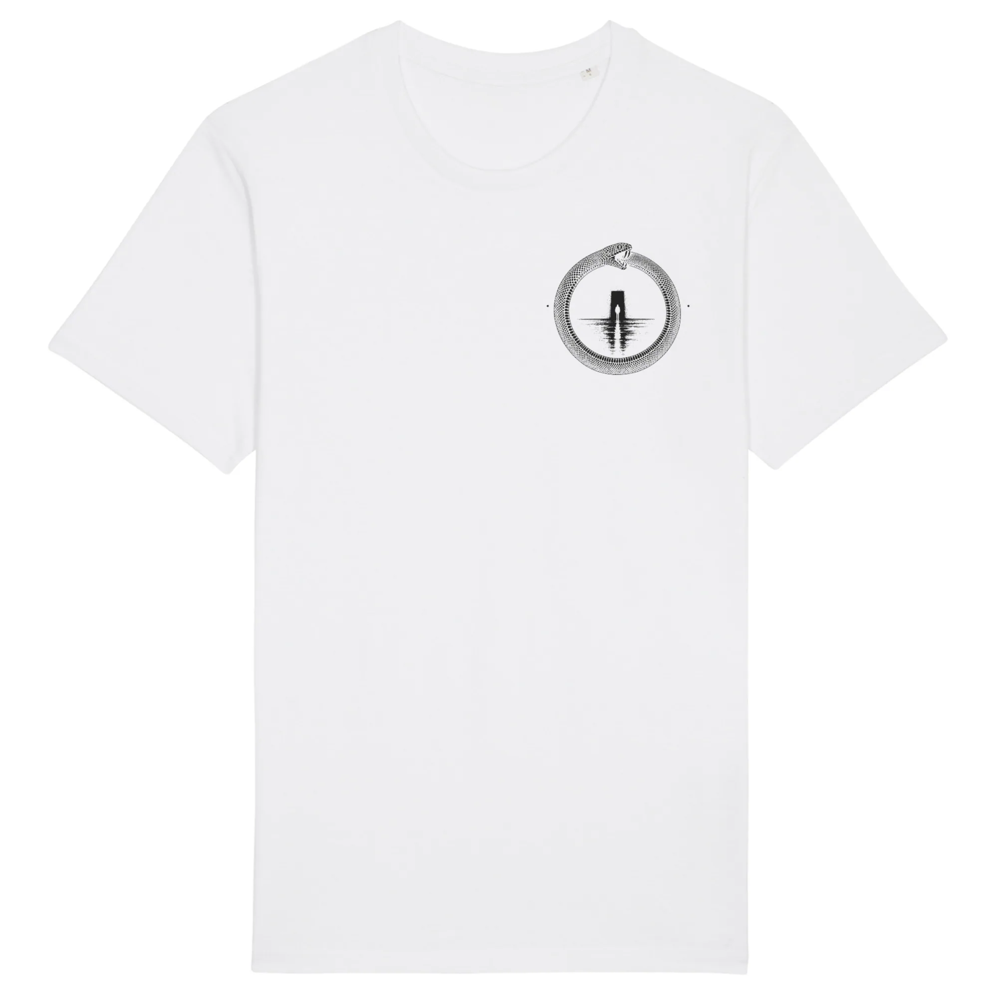 Double-sided tee in White, front view: small black ouroboros emblem on the front.