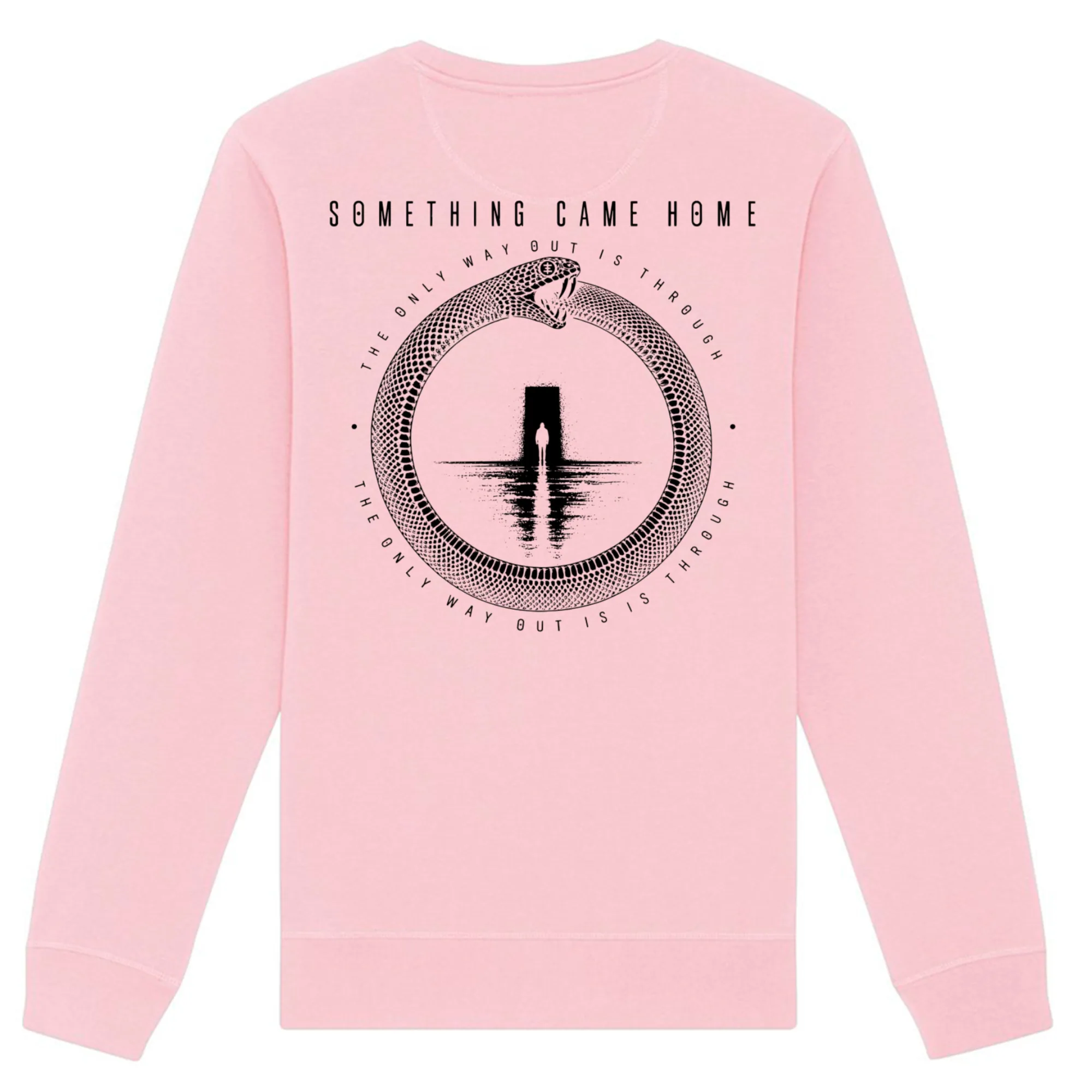 Double-sided crewneck in Cotton Pink, back view: full black ouroboros design on the back, a snake circling a lone figure at a doorway.