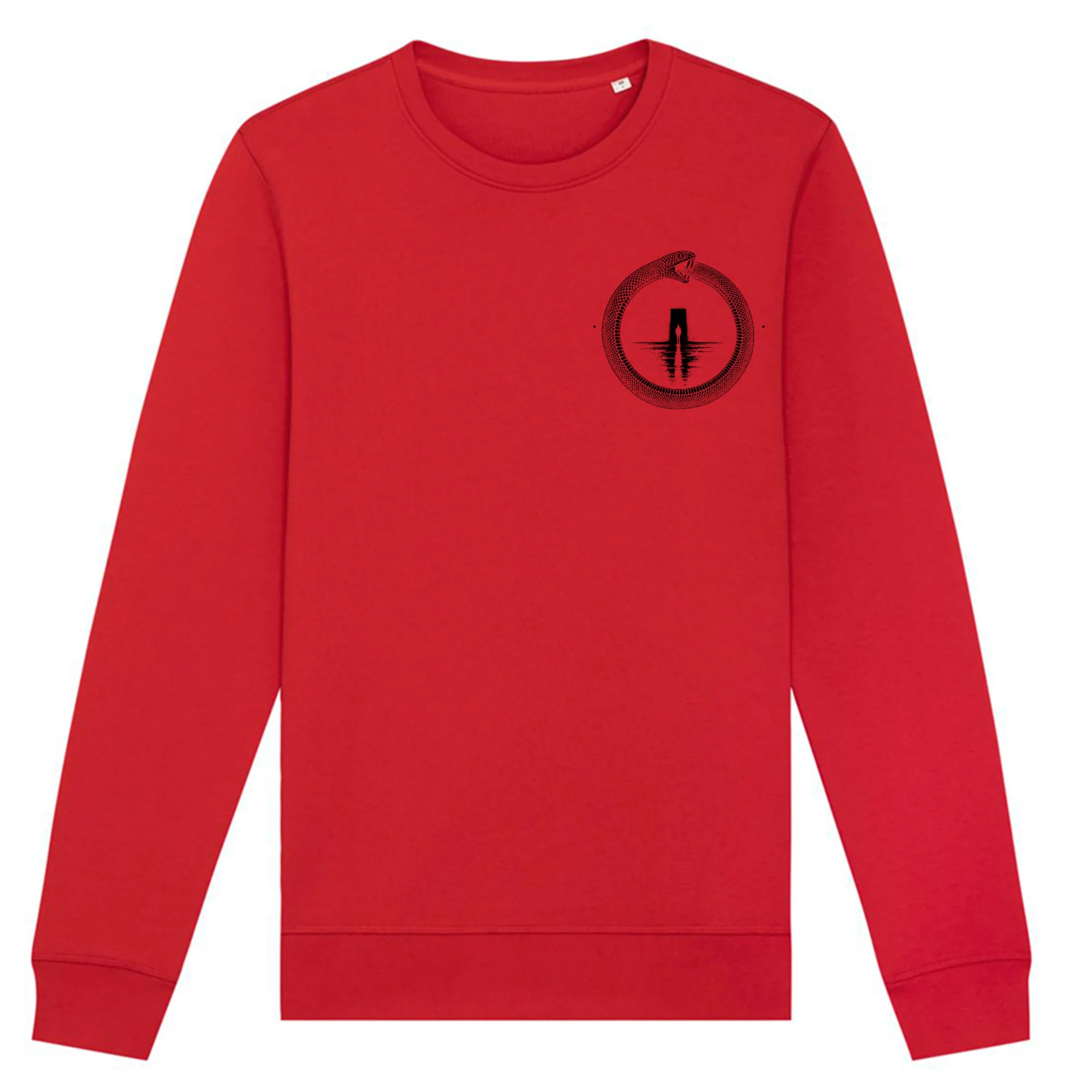 Double-sided crewneck in Red, front view: small black ouroboros emblem on the front.