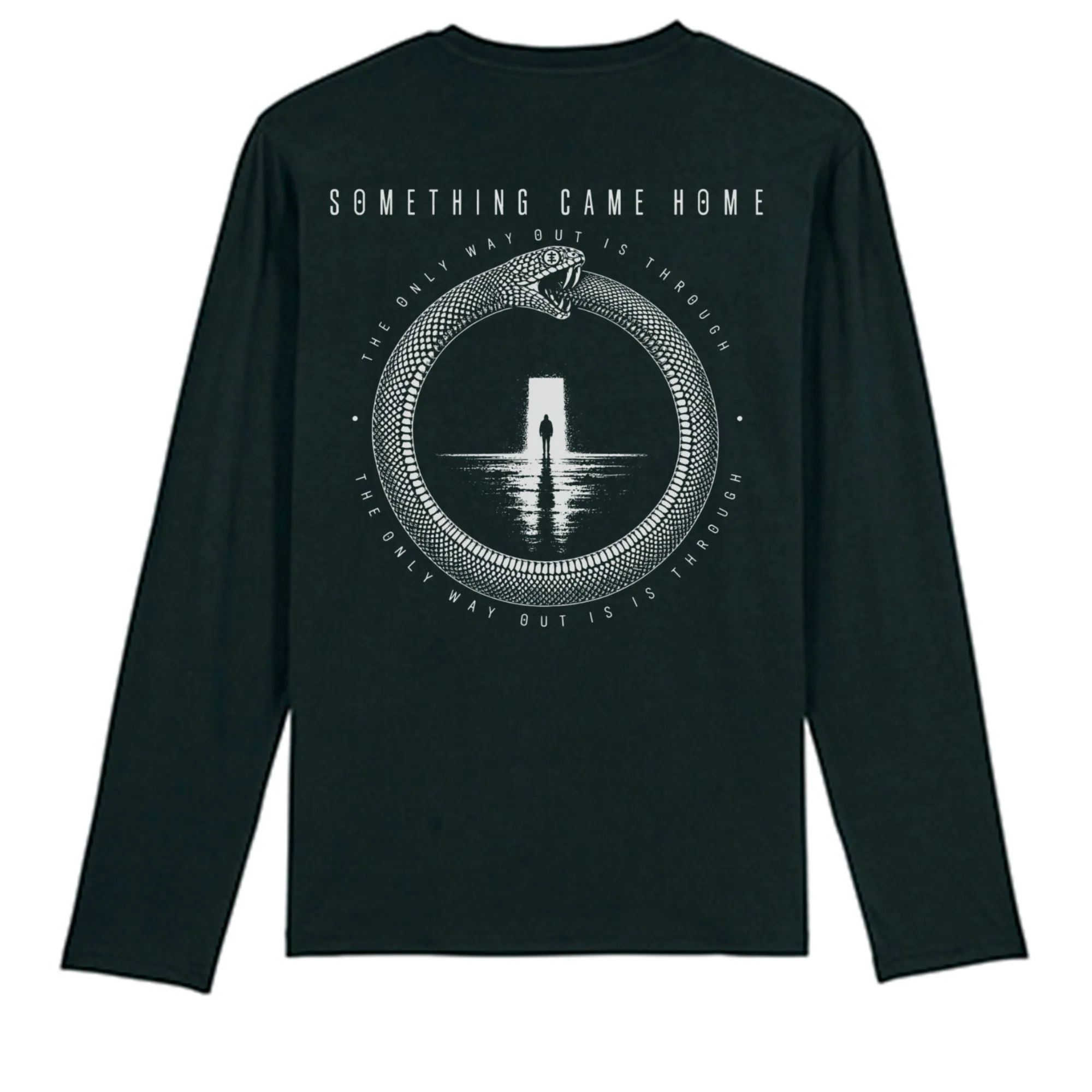 Long sleeve tee in Black, back view: full ouroboros design on the back, a snake circling a lone figure at a doorway.