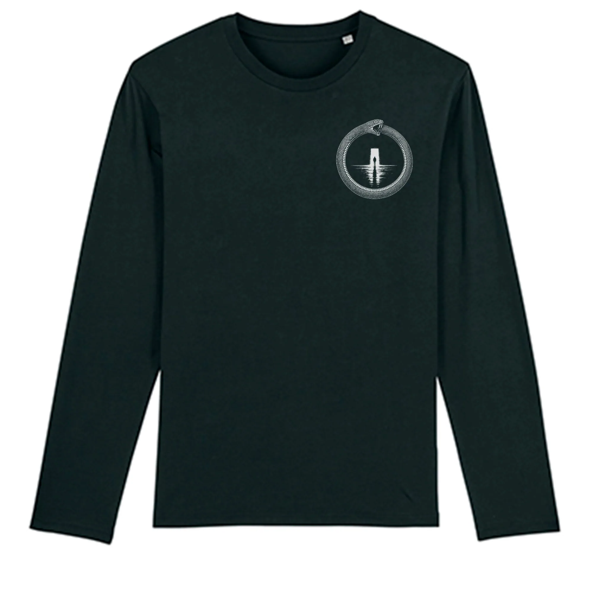 Long sleeve tee in Black, front view: small ouroboros emblem on the front.
