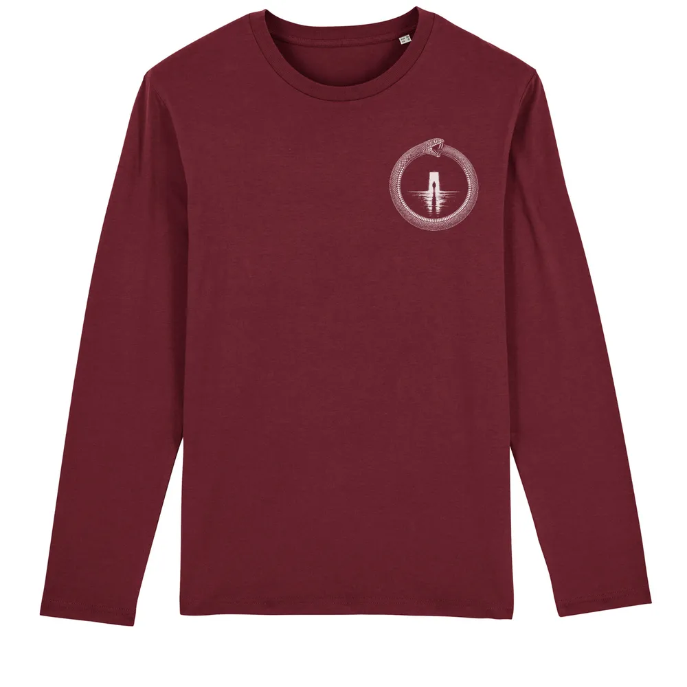 Long sleeve tee in Burgundy, front view: small ouroboros emblem on the front.