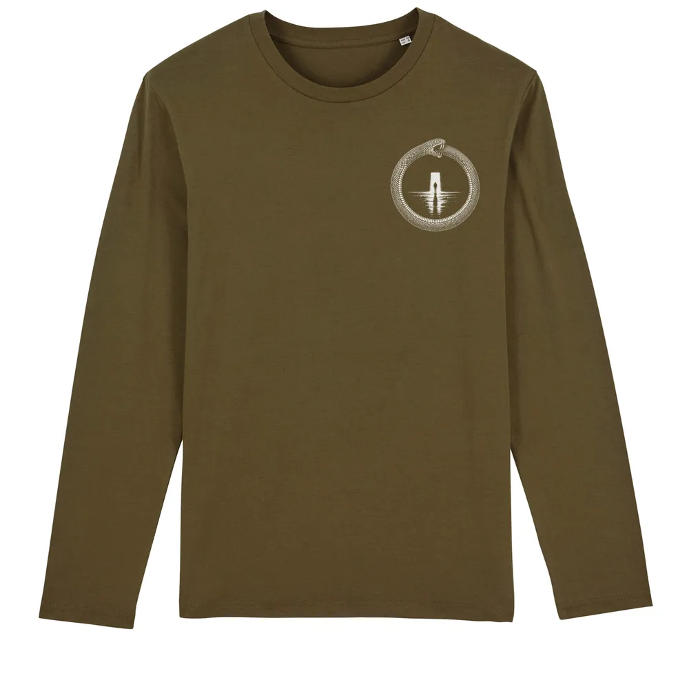 Long sleeve tee in Khaki, front view: small ouroboros emblem on the front.