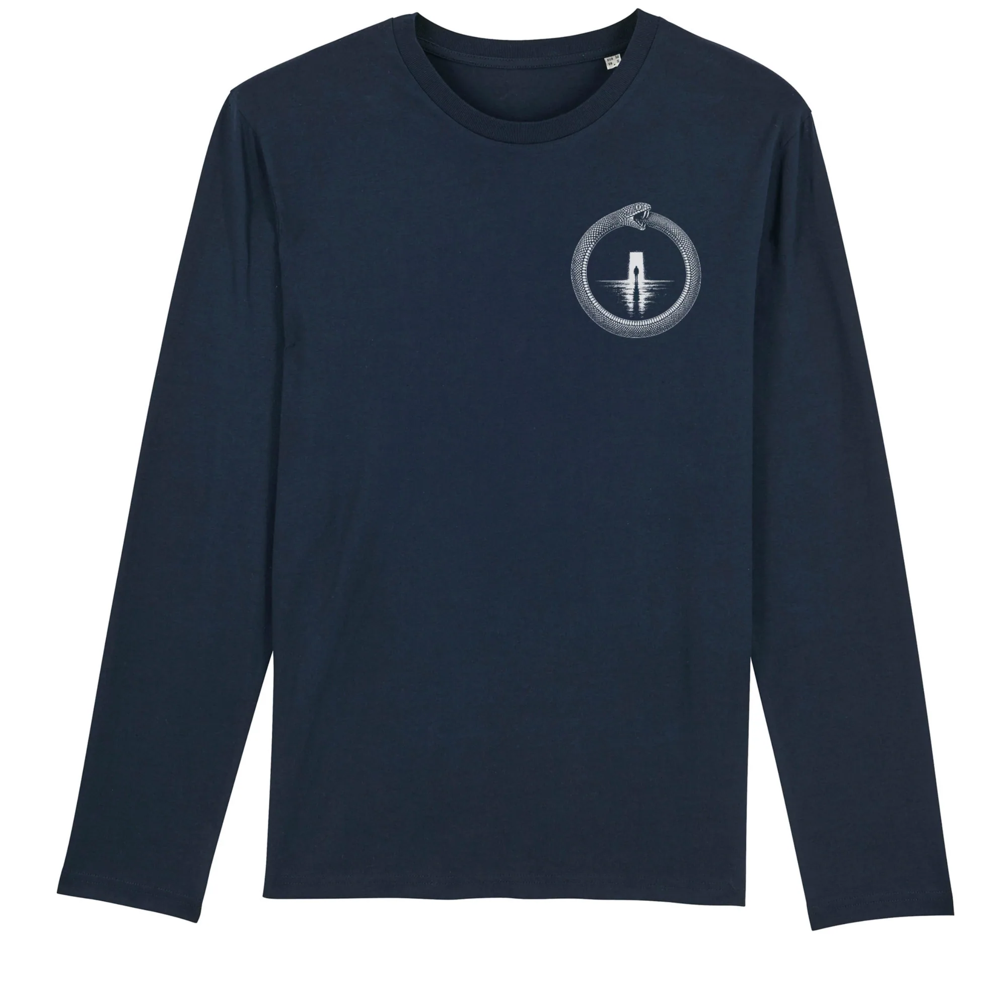 Long sleeve tee in Navy, front view: small ouroboros emblem on the front.