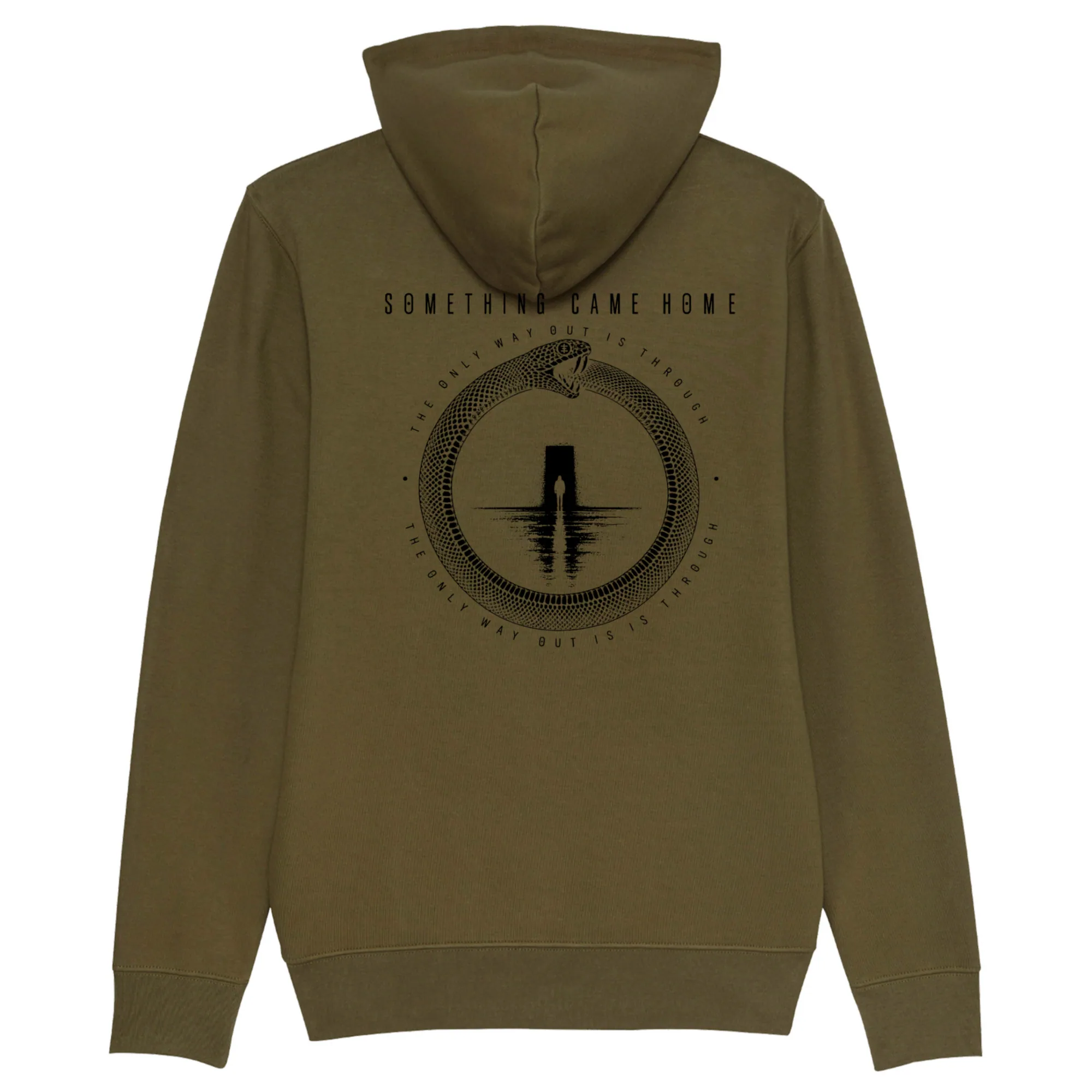 Pullover hoodie in British Khaki, back view: full black ouroboros design on the back, a snake circling a lone figure at a doorway.