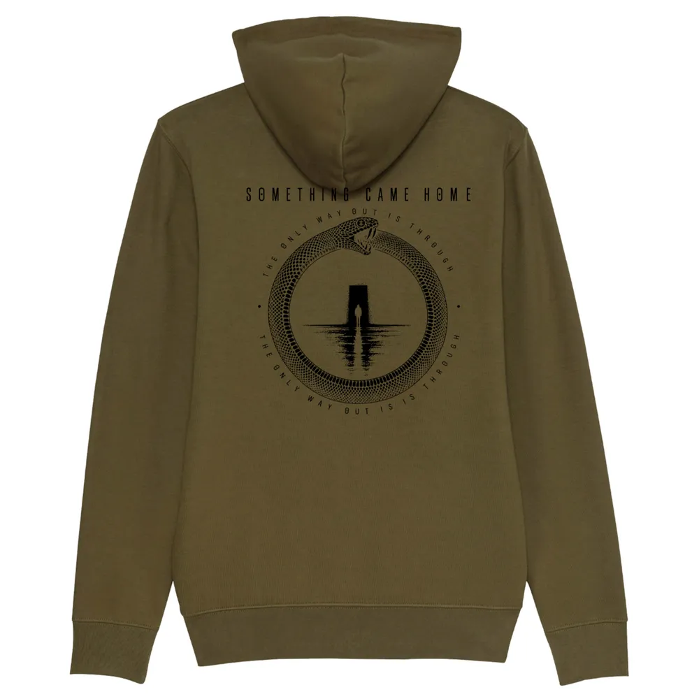Pullover hoodie in British Khaki, back view: full black ouroboros design on the back, a snake circling a lone figure at a doorway.