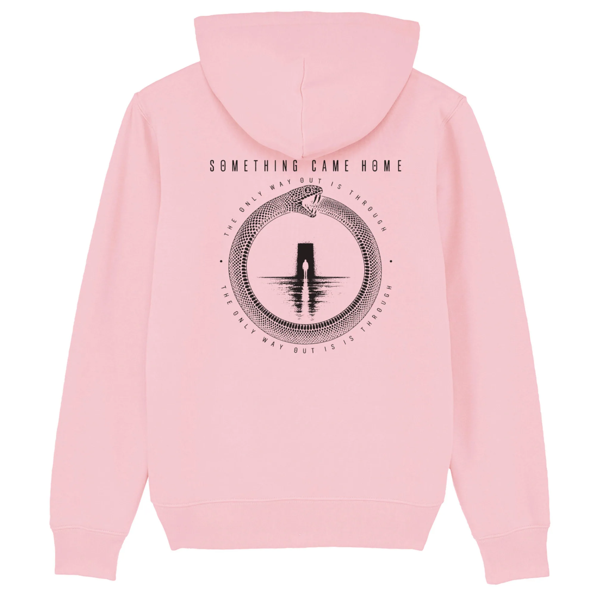 Pullover hoodie in Cotton Pink, back view: full black ouroboros design on the back, a snake circling a lone figure at a doorway.