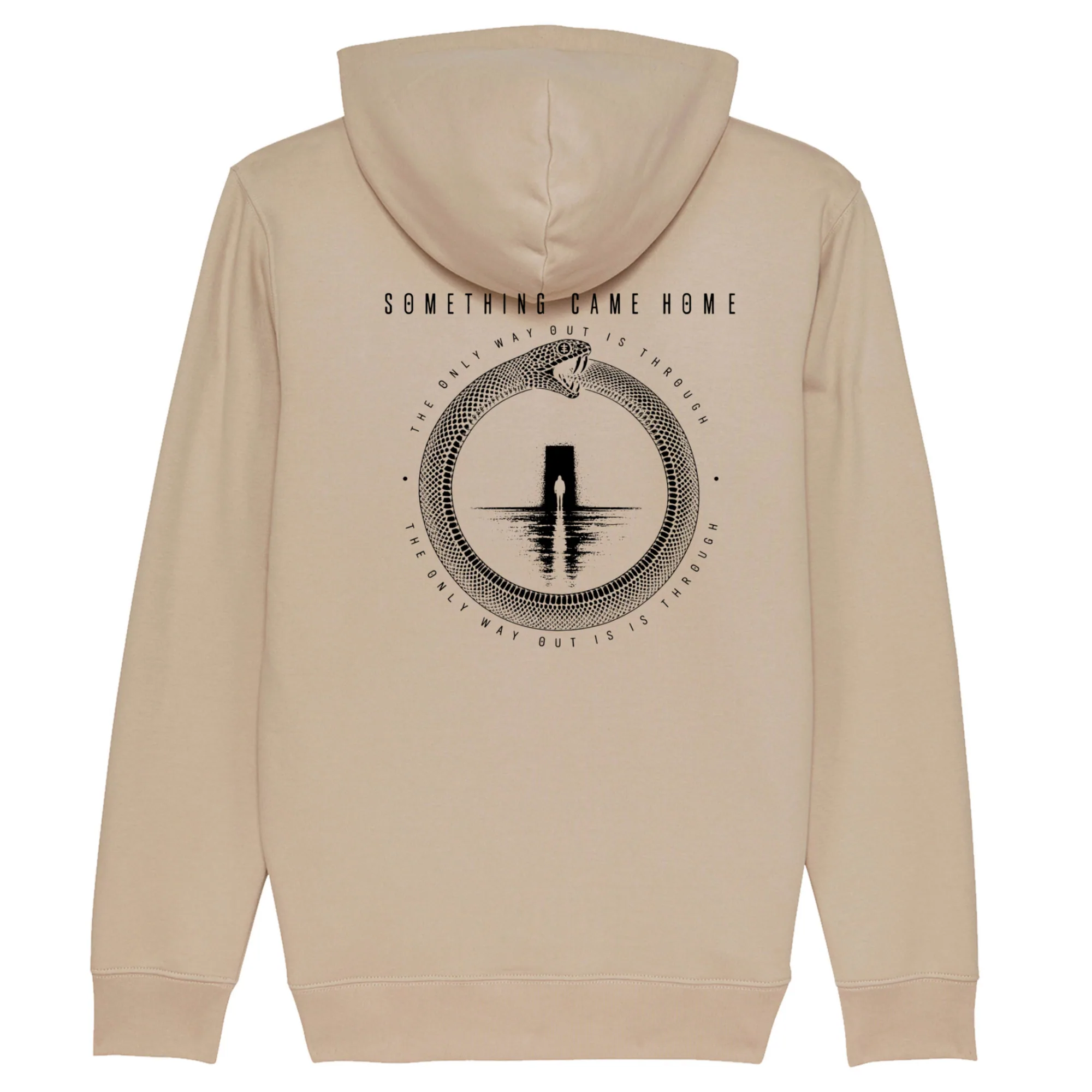 Pullover hoodie in Desert Dust, back view: full black ouroboros design on the back, a snake circling a lone figure at a doorway.