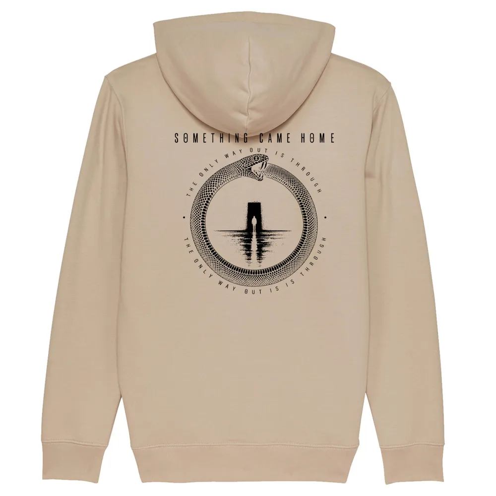 Pullover hoodie in Desert Dust, back view: full black ouroboros design on the back, a snake circling a lone figure at a doorway.
