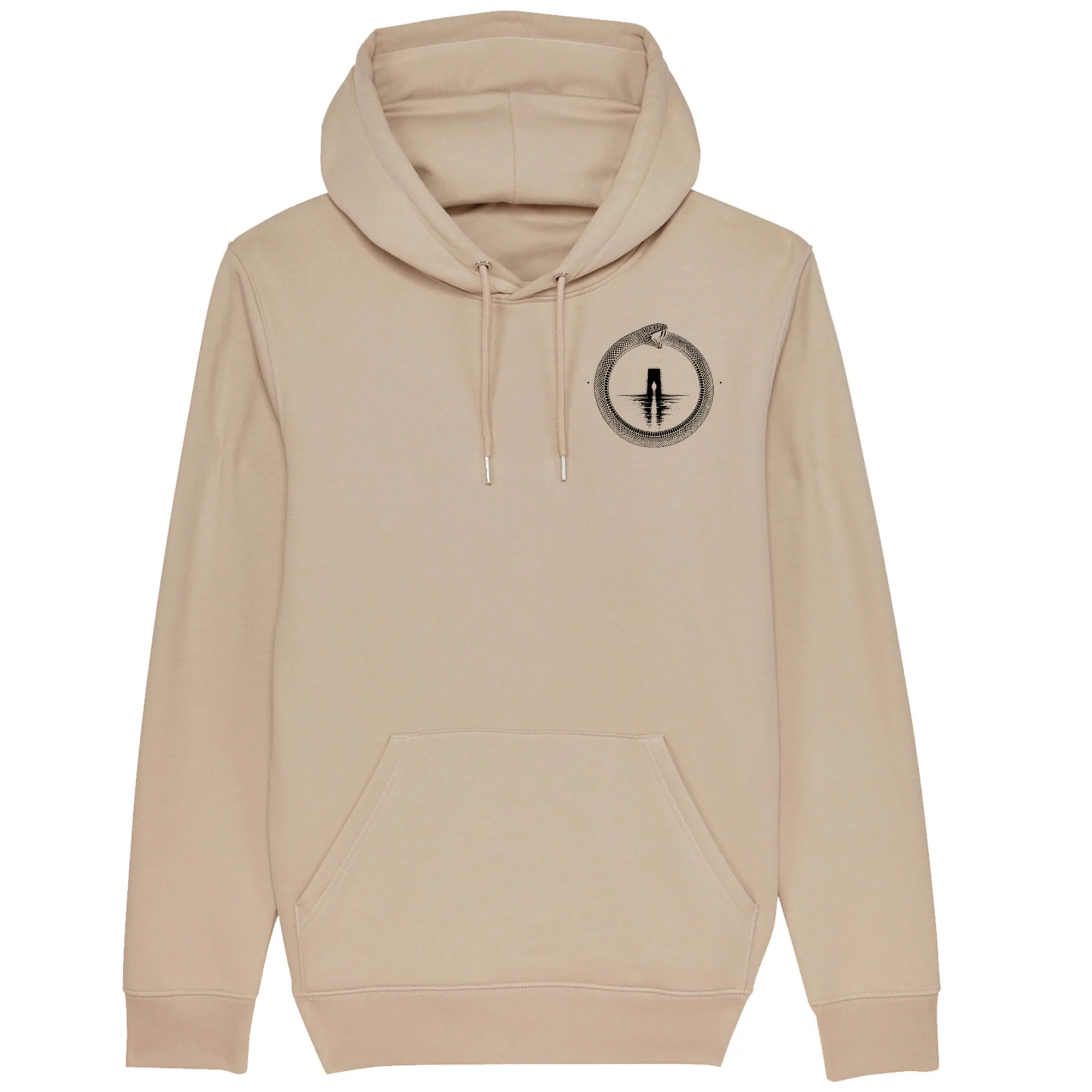 Pullover hoodie in Desert Dust, front view: small black ouroboros emblem on the front.