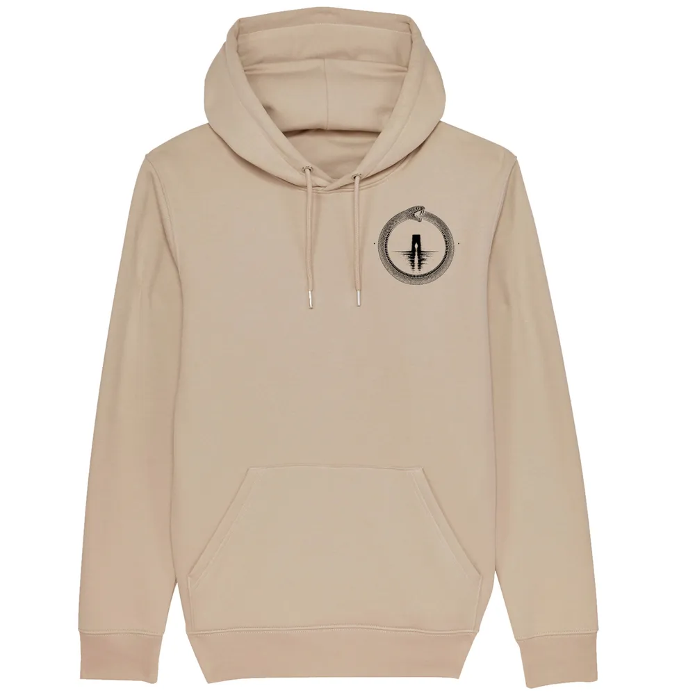 Pullover hoodie in Desert Dust, front view: small black ouroboros emblem on the front.