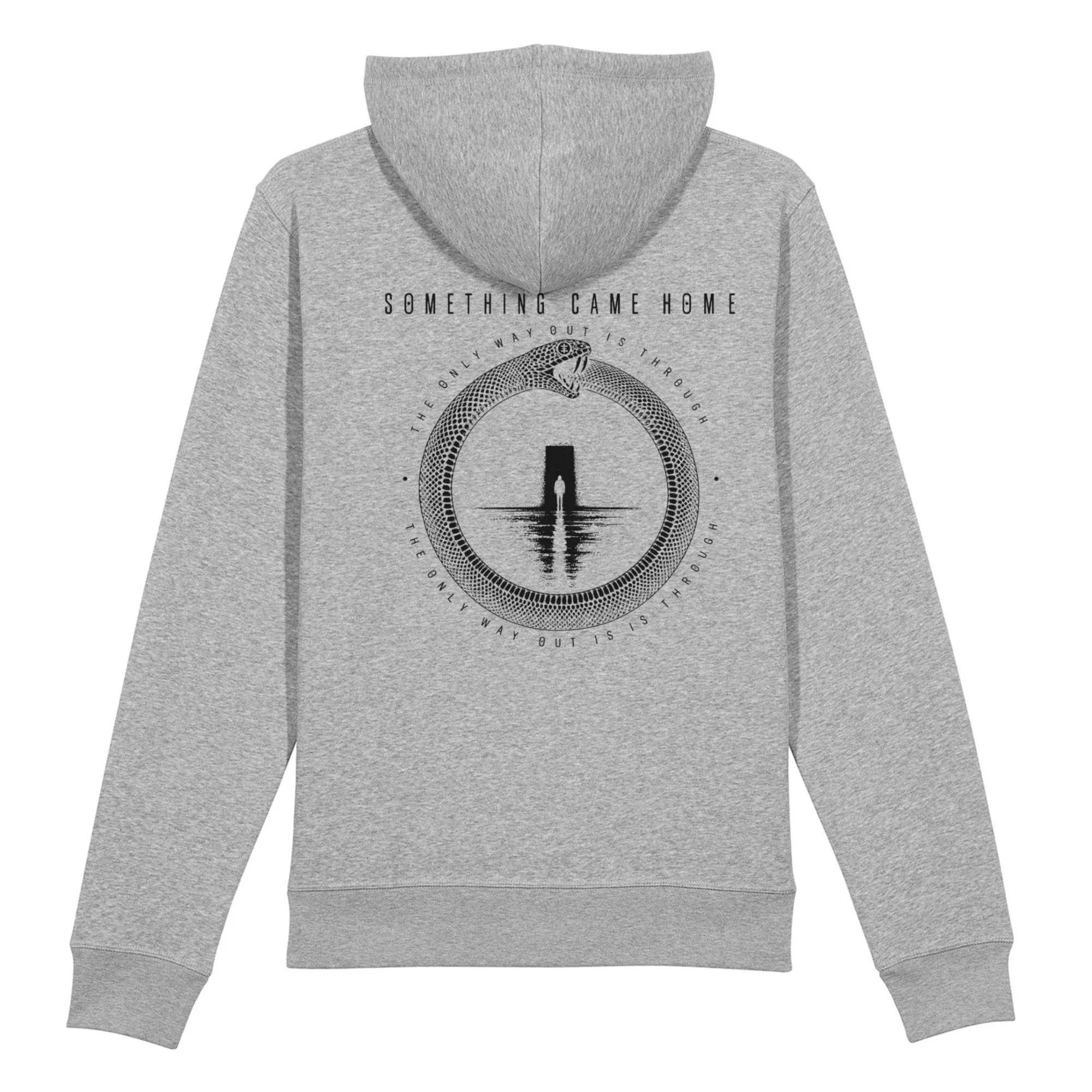 Pullover hoodie in Heather Grey, back view: full black ouroboros design on the back, a snake circling a lone figure at a doorway.