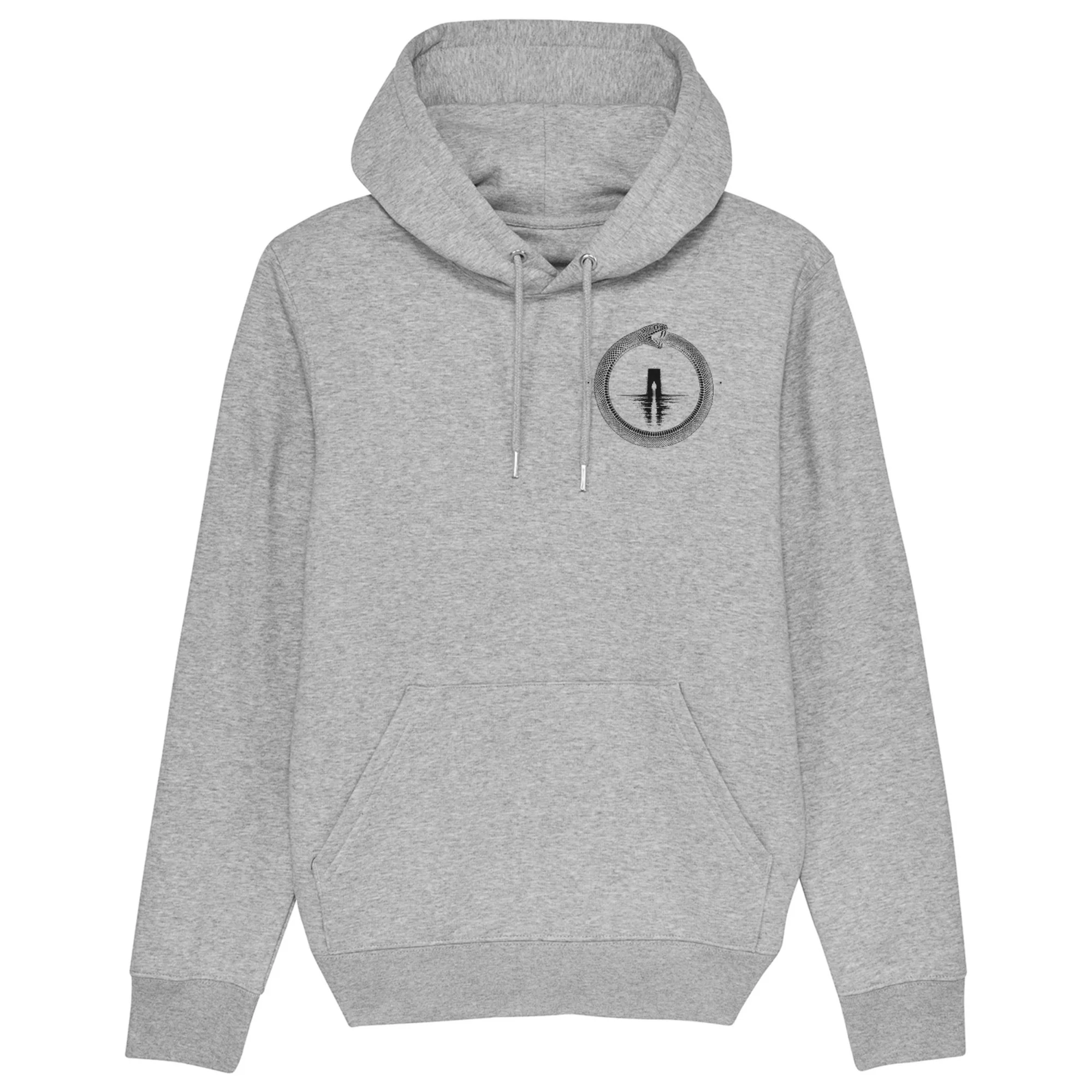 Pullover hoodie in Heather Grey, front view: small black ouroboros emblem on the front.