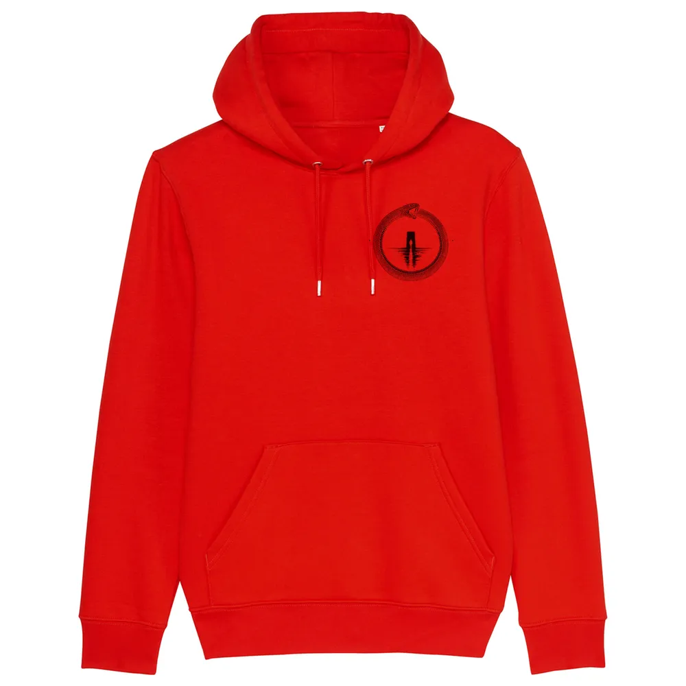 Pullover hoodie in Red, front view: small black ouroboros emblem on the front.