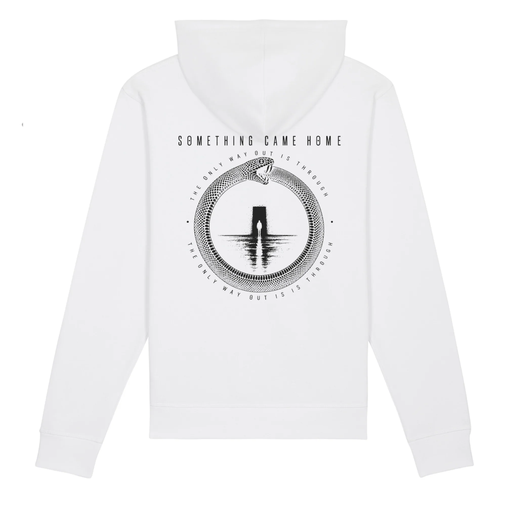 Pullover hoodie in White, back view: full black ouroboros design on the back, a snake circling a lone figure at a doorway.