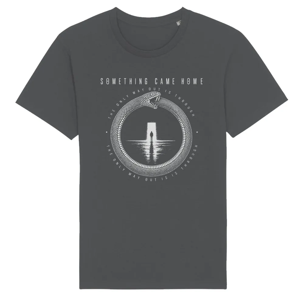 Short sleeve tee in Anthracite, front view: white ouroboros snake around a lone figure at a doorway, with the band name above.