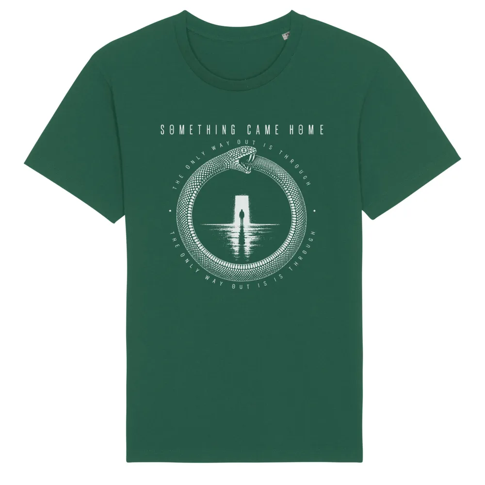 Short sleeve tee in Bottle Green, front view: white ouroboros snake around a lone figure at a doorway, with the band name above.