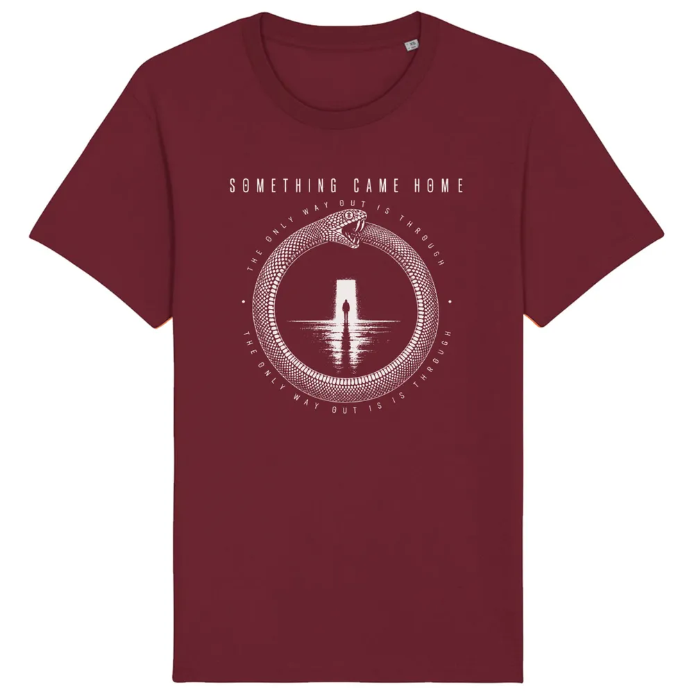Short sleeve tee in Burgundy, front view: white ouroboros snake around a lone figure at a doorway, with the band name above.
