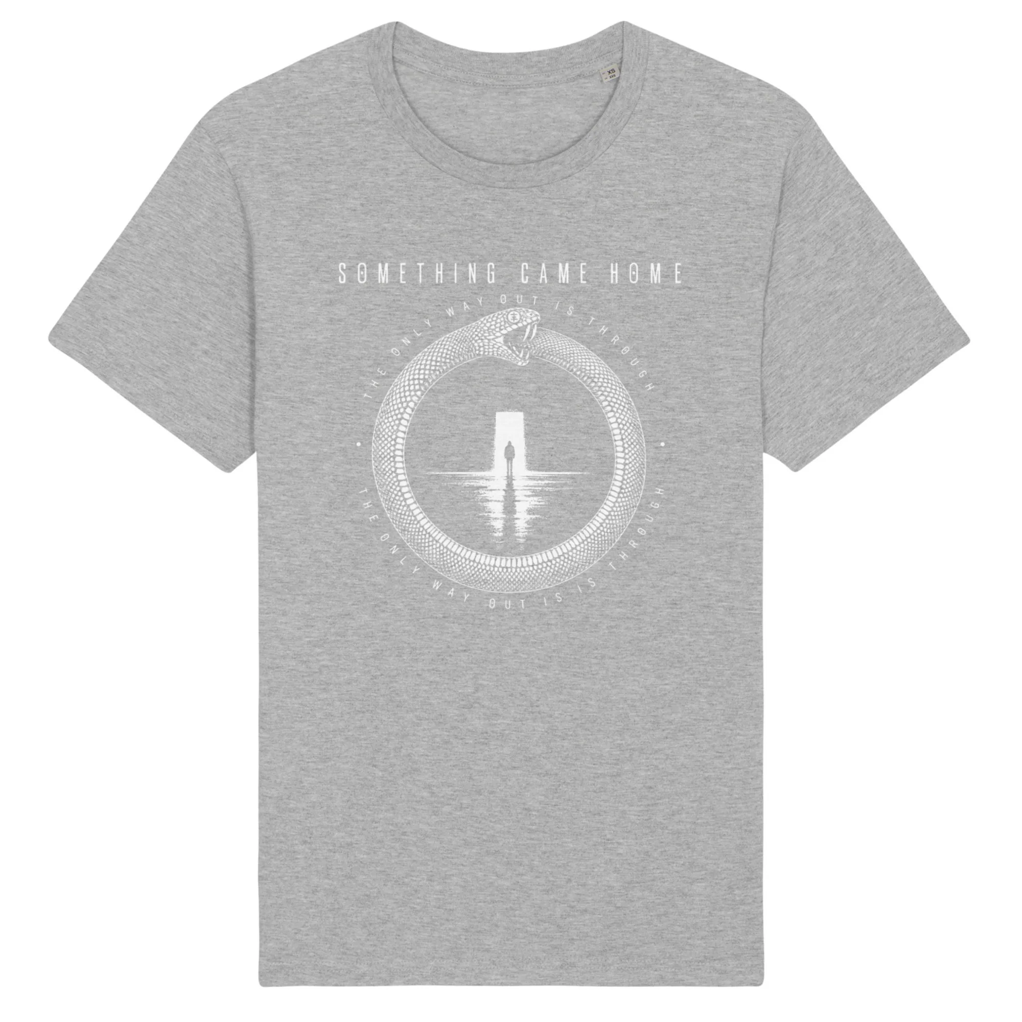 Short sleeve tee in Heather Grey, front view: white ouroboros snake around a lone figure at a doorway, with the band name above.