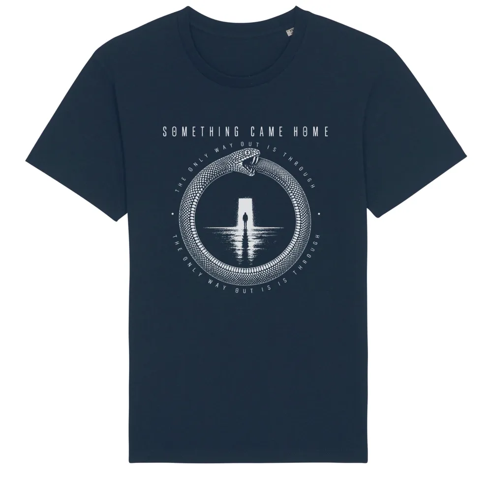 Short sleeve tee in Navy, front view: white ouroboros snake around a lone figure at a doorway, with the band name above.