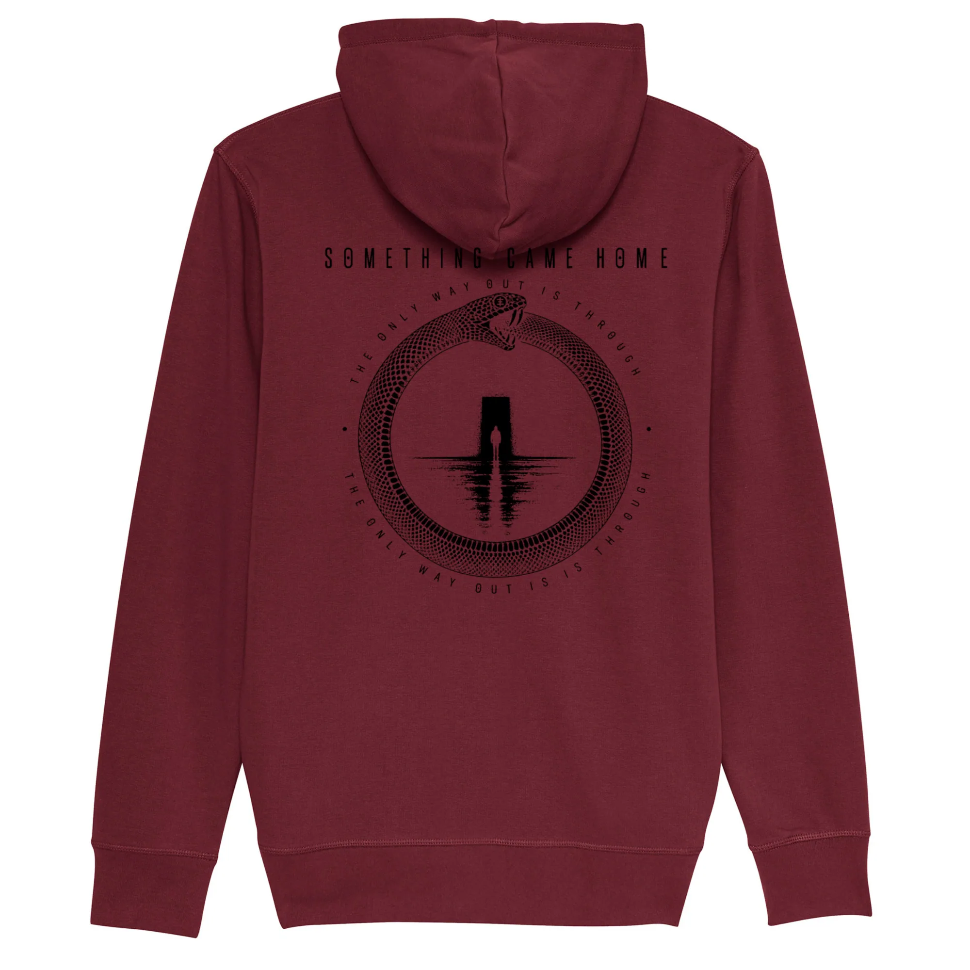 Zip hoodie in Burgundy, back view: full black ouroboros design on the back, a snake circling a lone figure at a doorway.