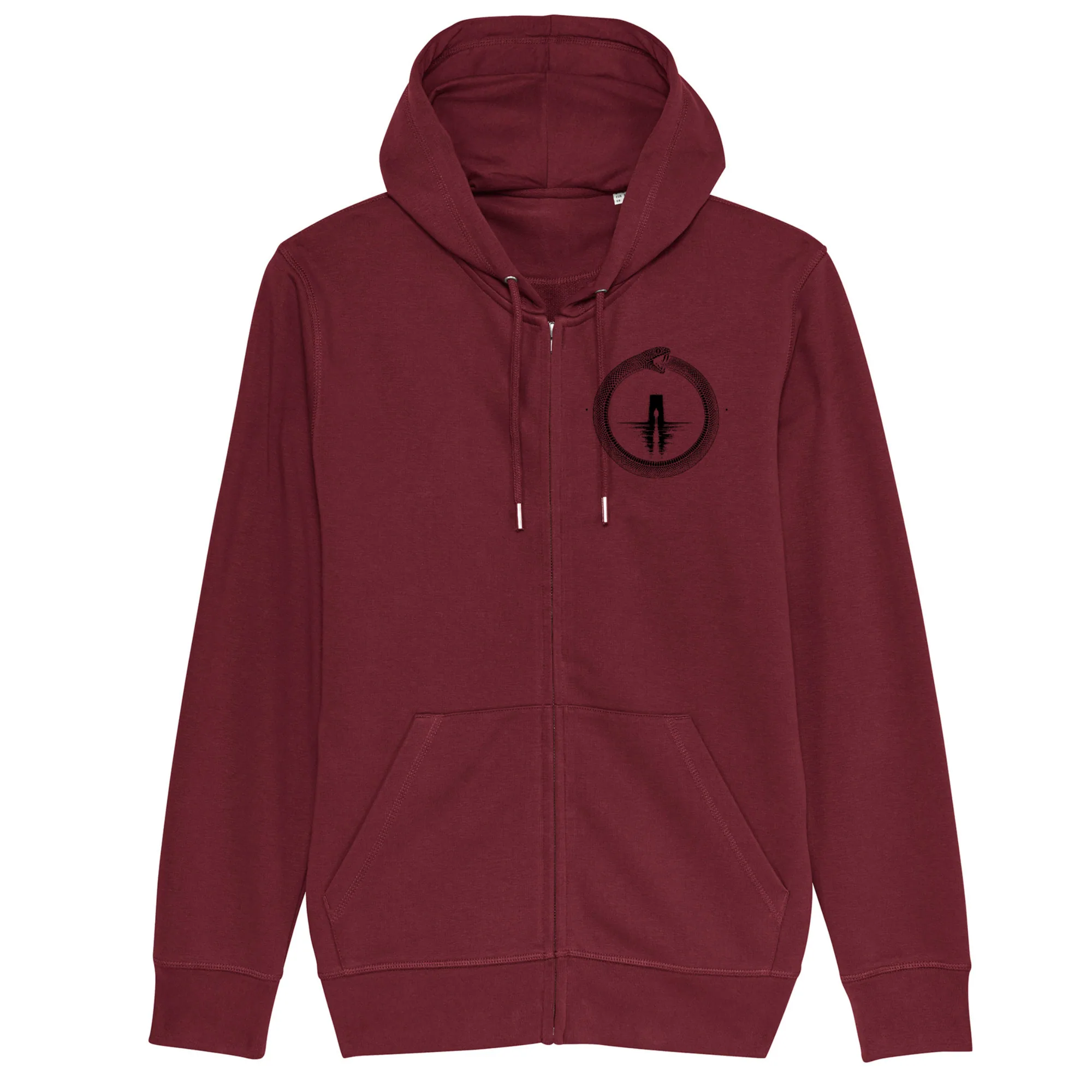 Zip hoodie in Burgundy, front view: small black ouroboros emblem on the front.