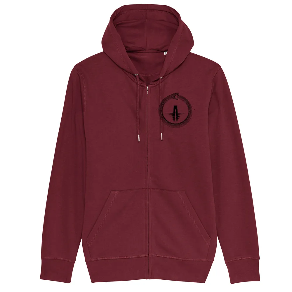 Zip hoodie in Burgundy, front view: small black ouroboros emblem on the front.
