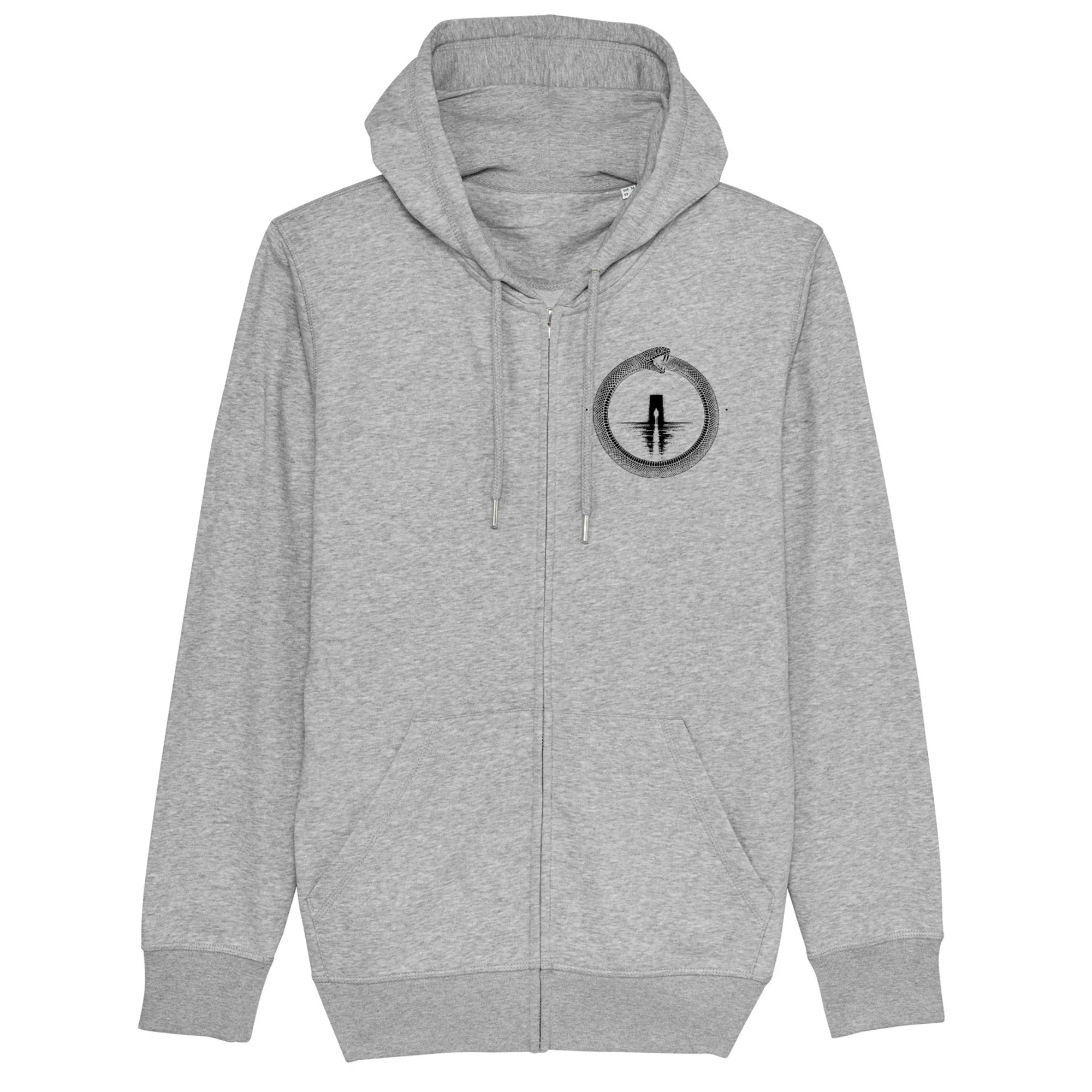 Zip hoodie in Heather Grey, front view: small black ouroboros emblem on the front.