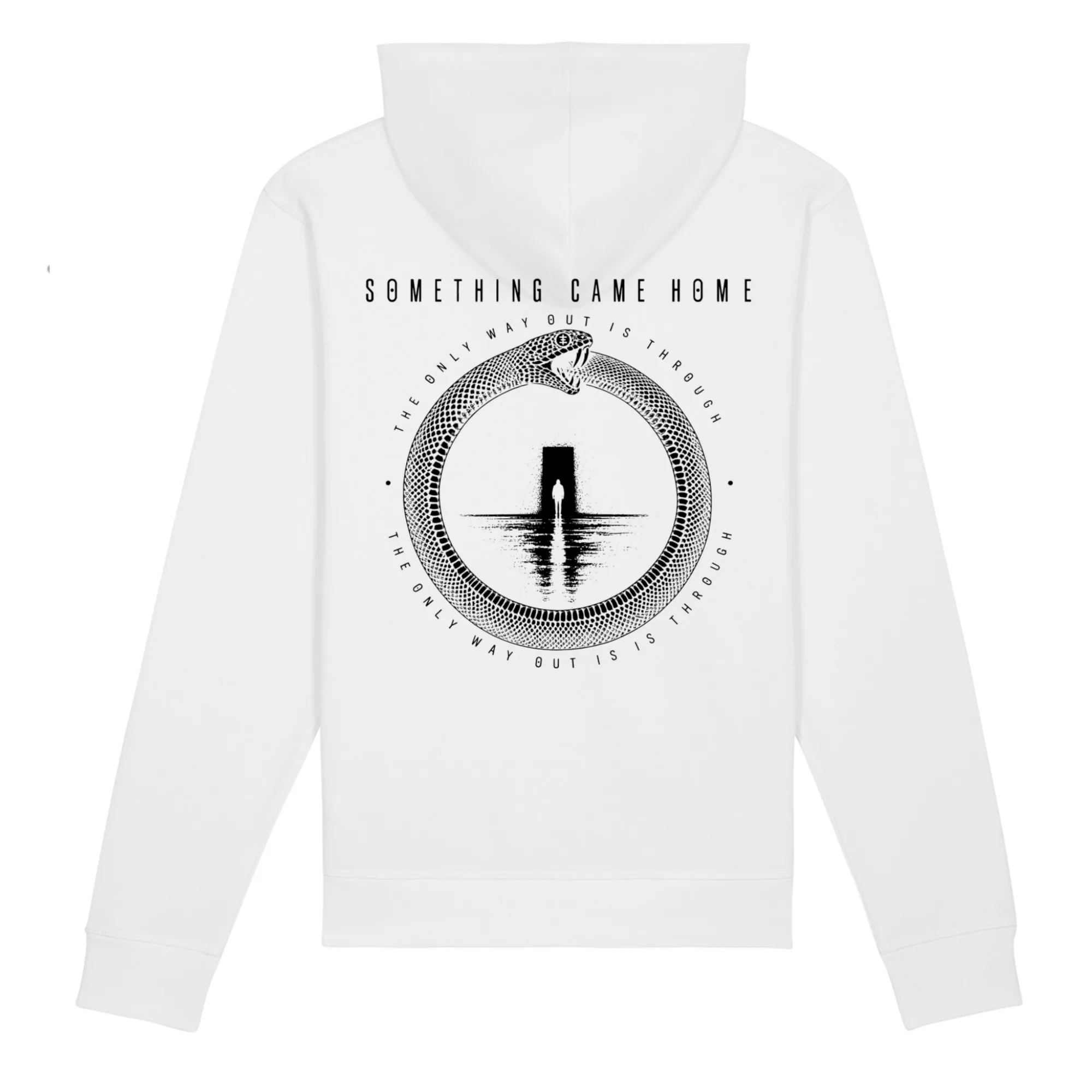 Zip hoodie in White, back view: full black ouroboros design on the back, a snake circling a lone figure at a doorway.