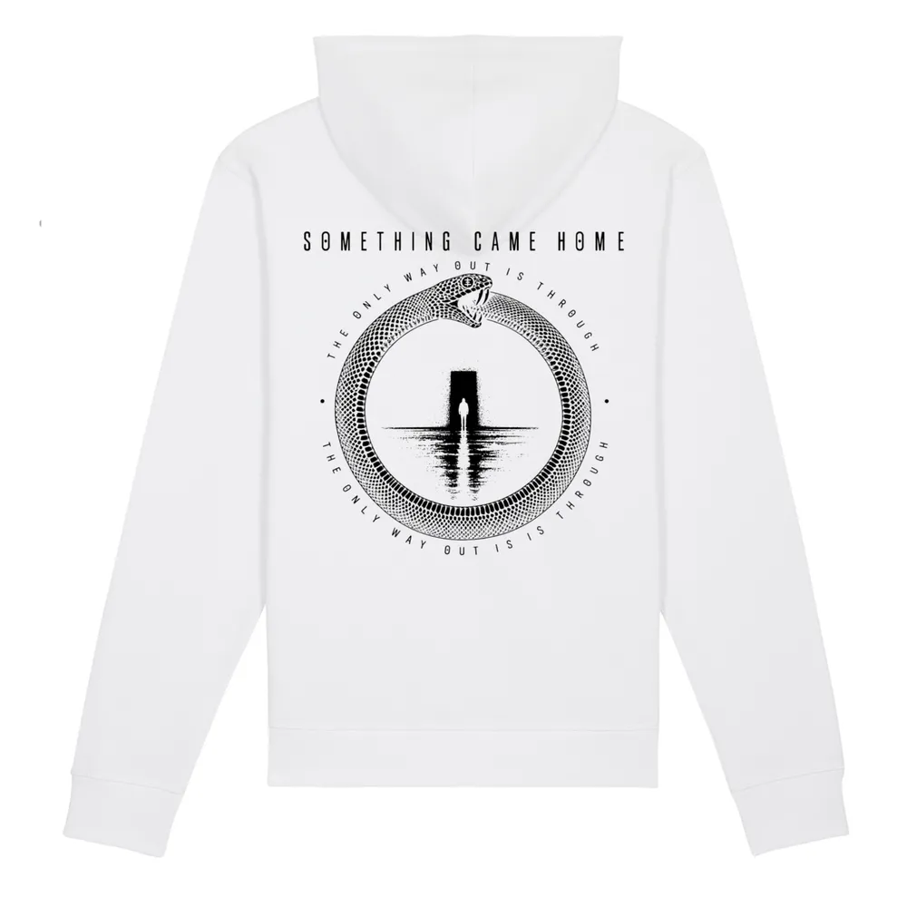 Zip hoodie in White, back view: full black ouroboros design on the back, a snake circling a lone figure at a doorway.
