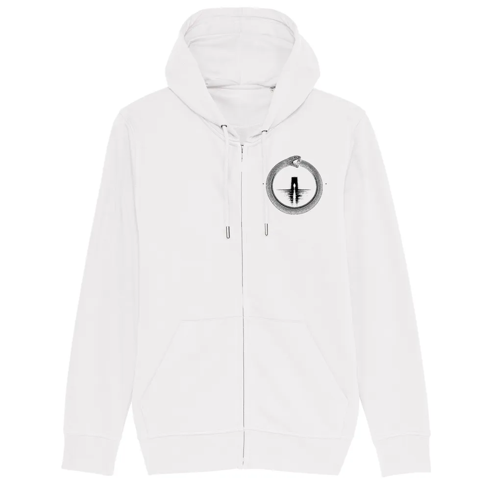 Zip hoodie in White, front view: small black ouroboros emblem on the front.