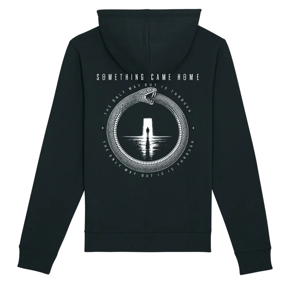 Zip hoodie in Black, back view: full ouroboros design on the back, a snake circling a lone figure at a doorway.