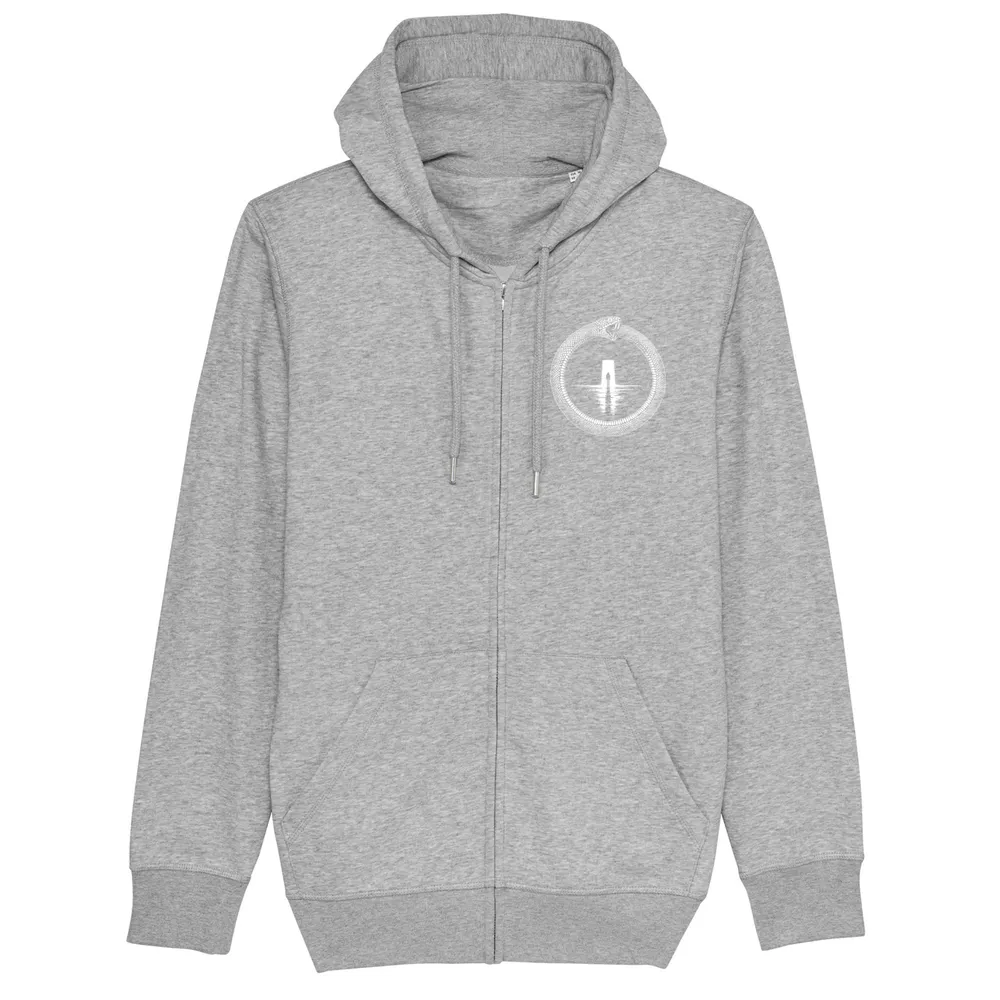 Zip hoodie in Heather Grey, front view: small ouroboros emblem on the front.